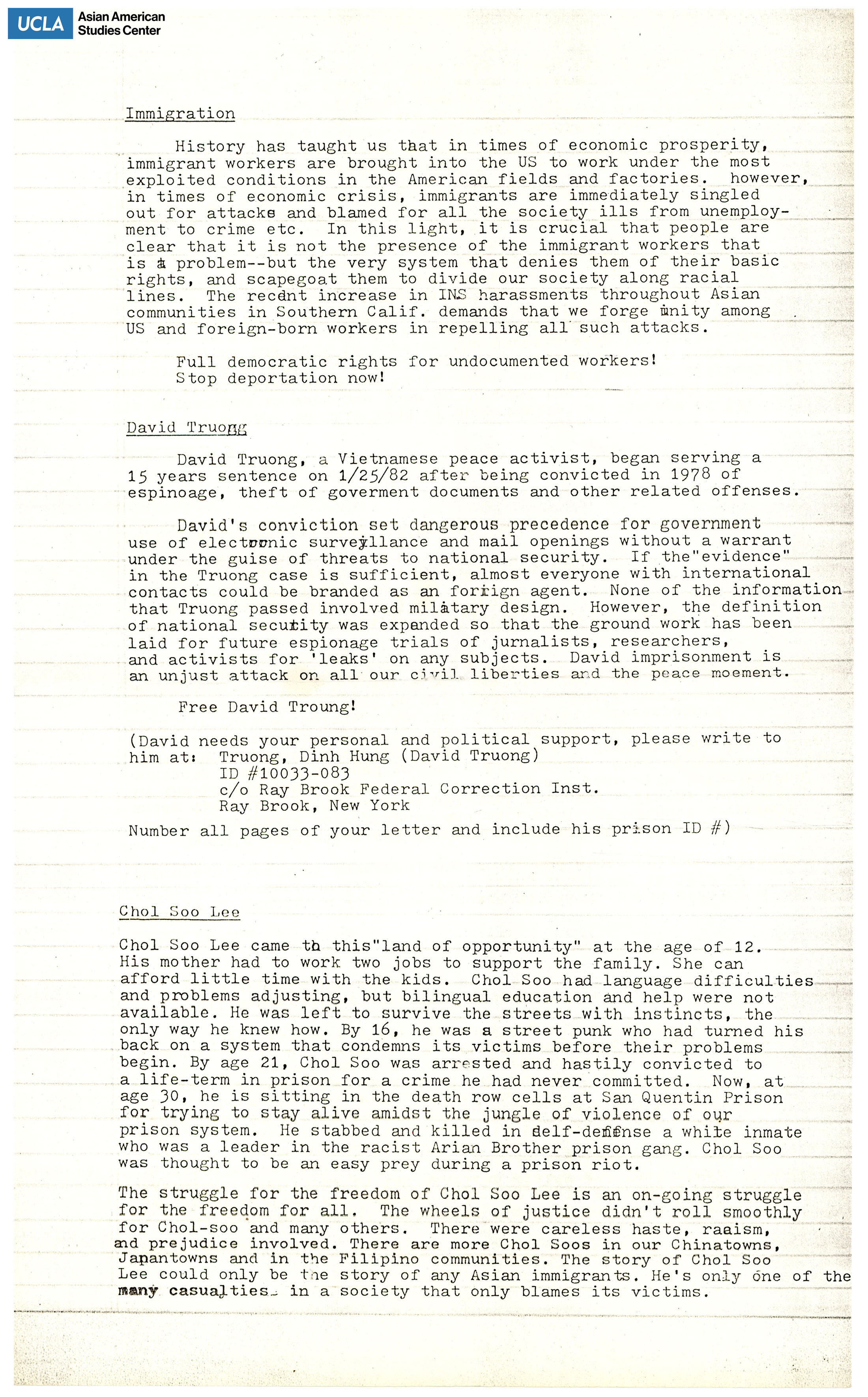 Document regarding background information on immigration, David Truong, and Chol Soo Lee. Chol Soo Lee was a Korean American sentence to life in prison after being wrongfully convicted of murder.