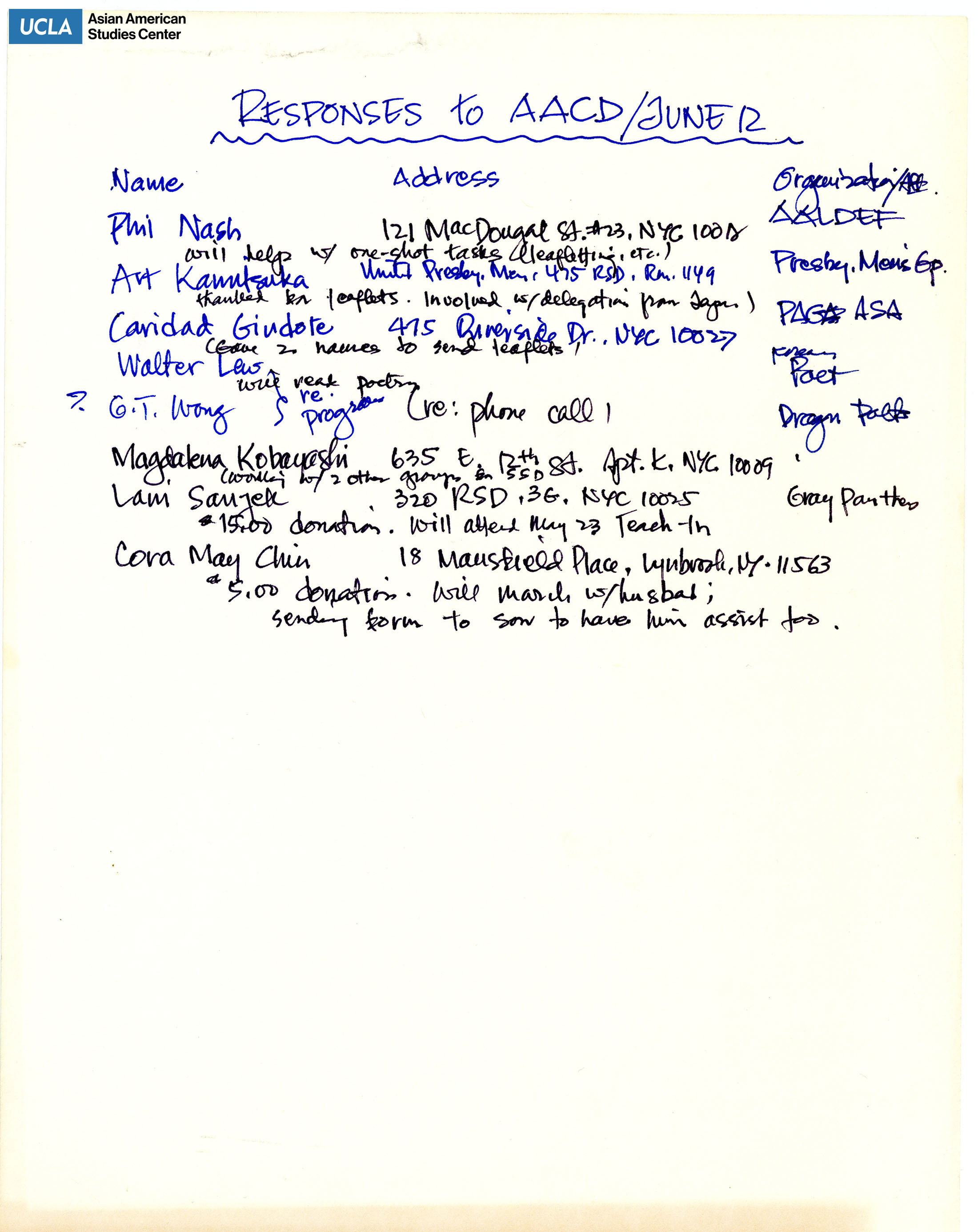 List of responses for support and donation of the Asian American Caucus for Disarmament.