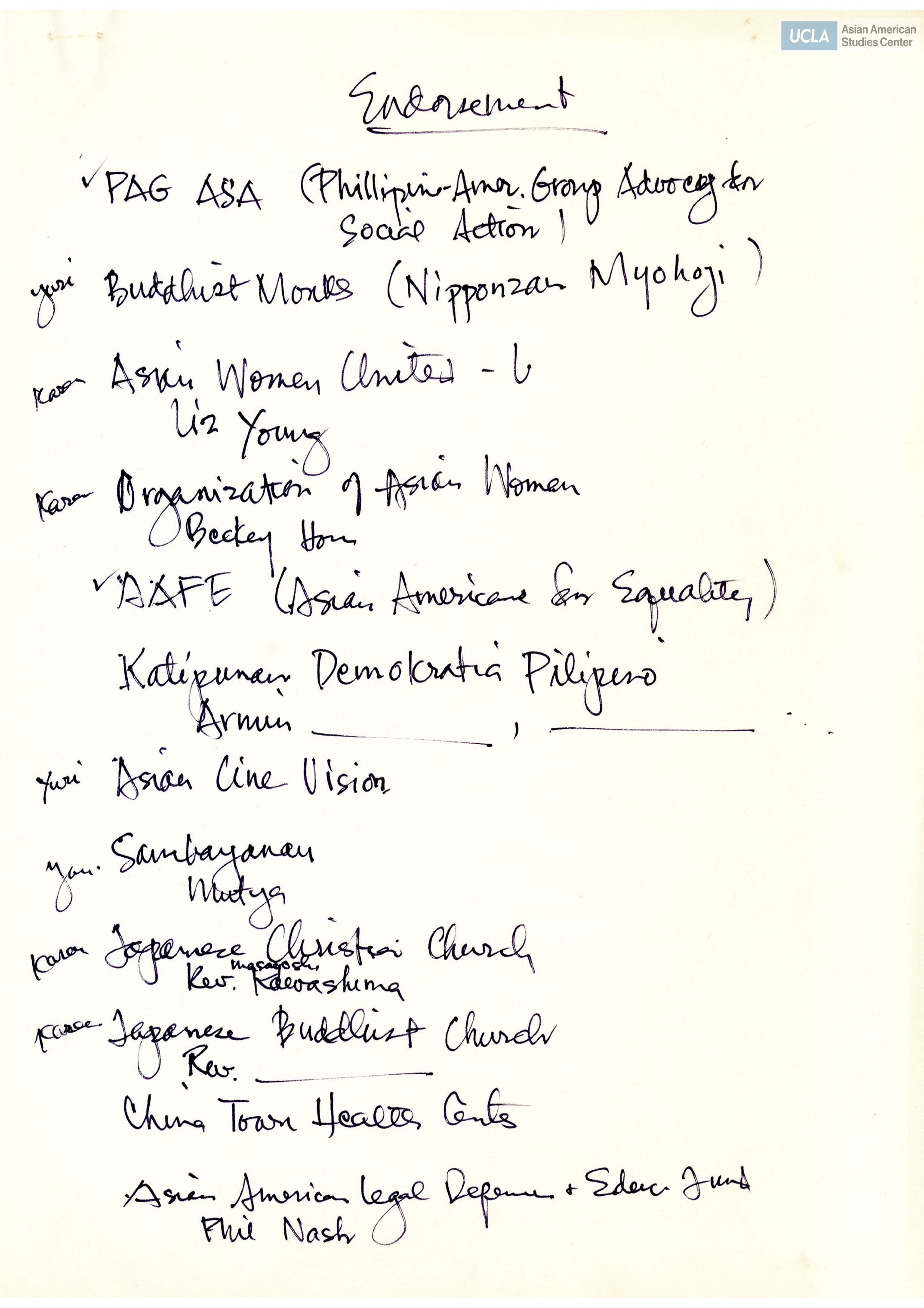 List of organizational endorsements and pot luck guests for the Asian American Caucus for Disarmament.