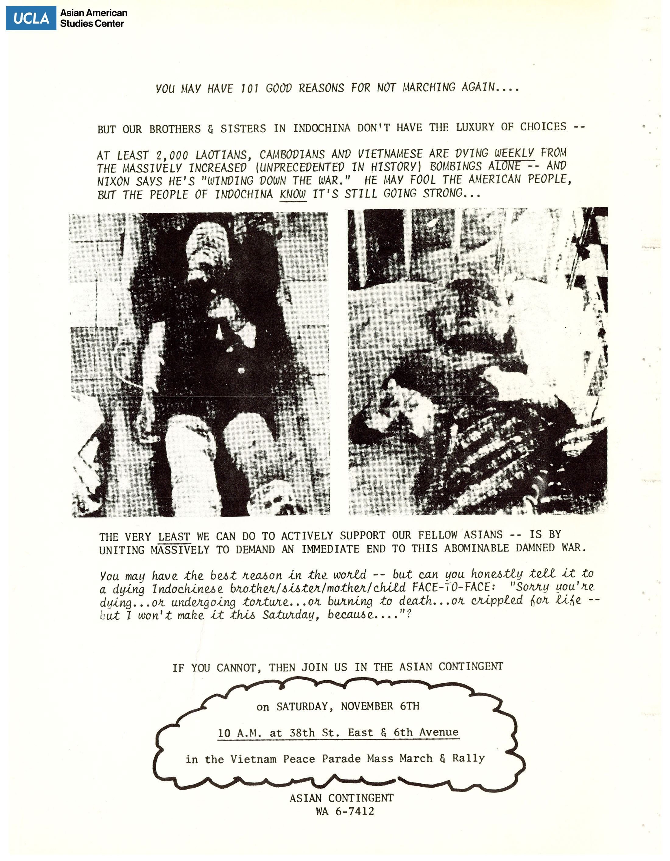 Flyer regarding a march for the bombings in Indochina.