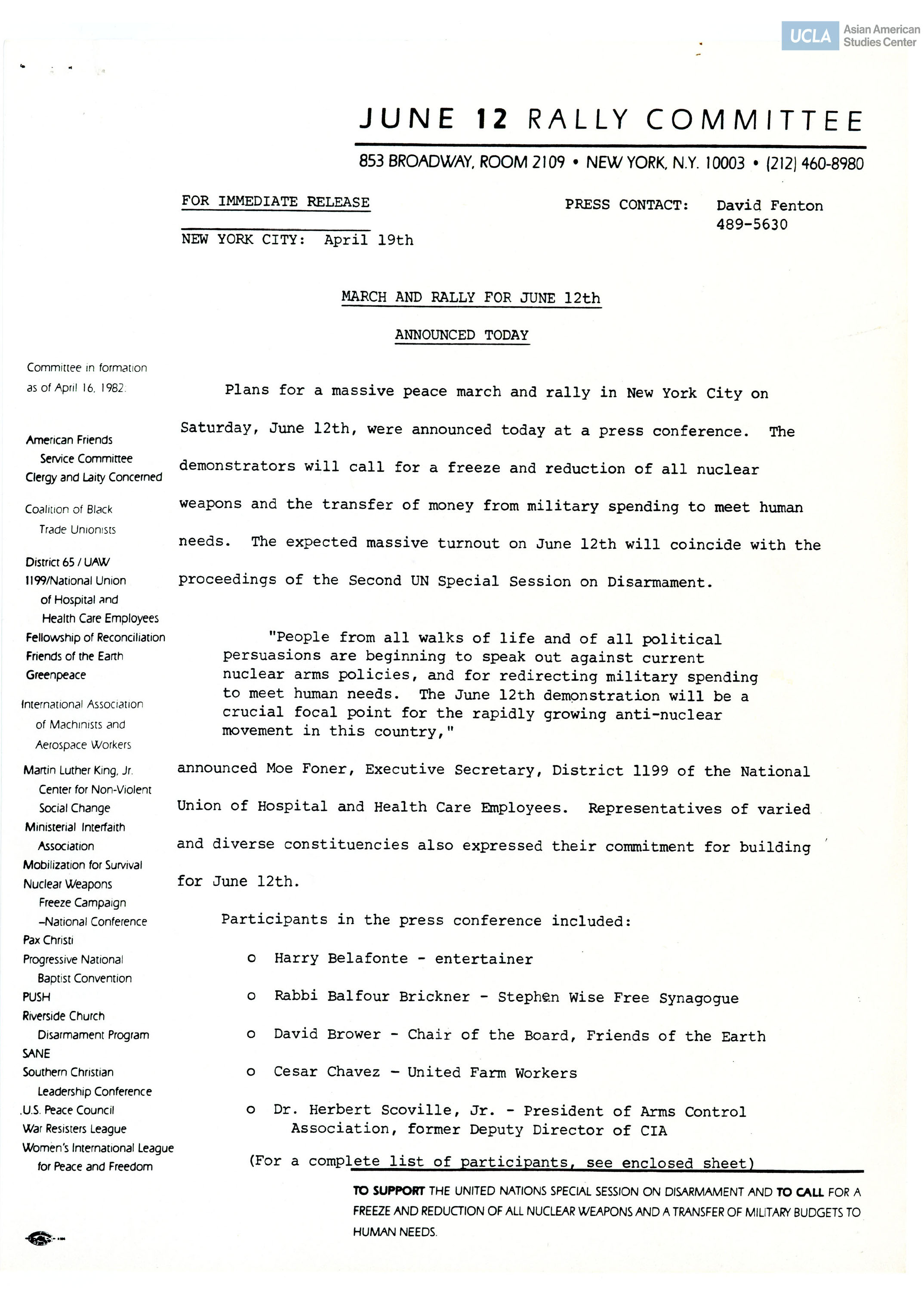 Press release regarding the announcement of the June 12th rally for nuclear disarmament.