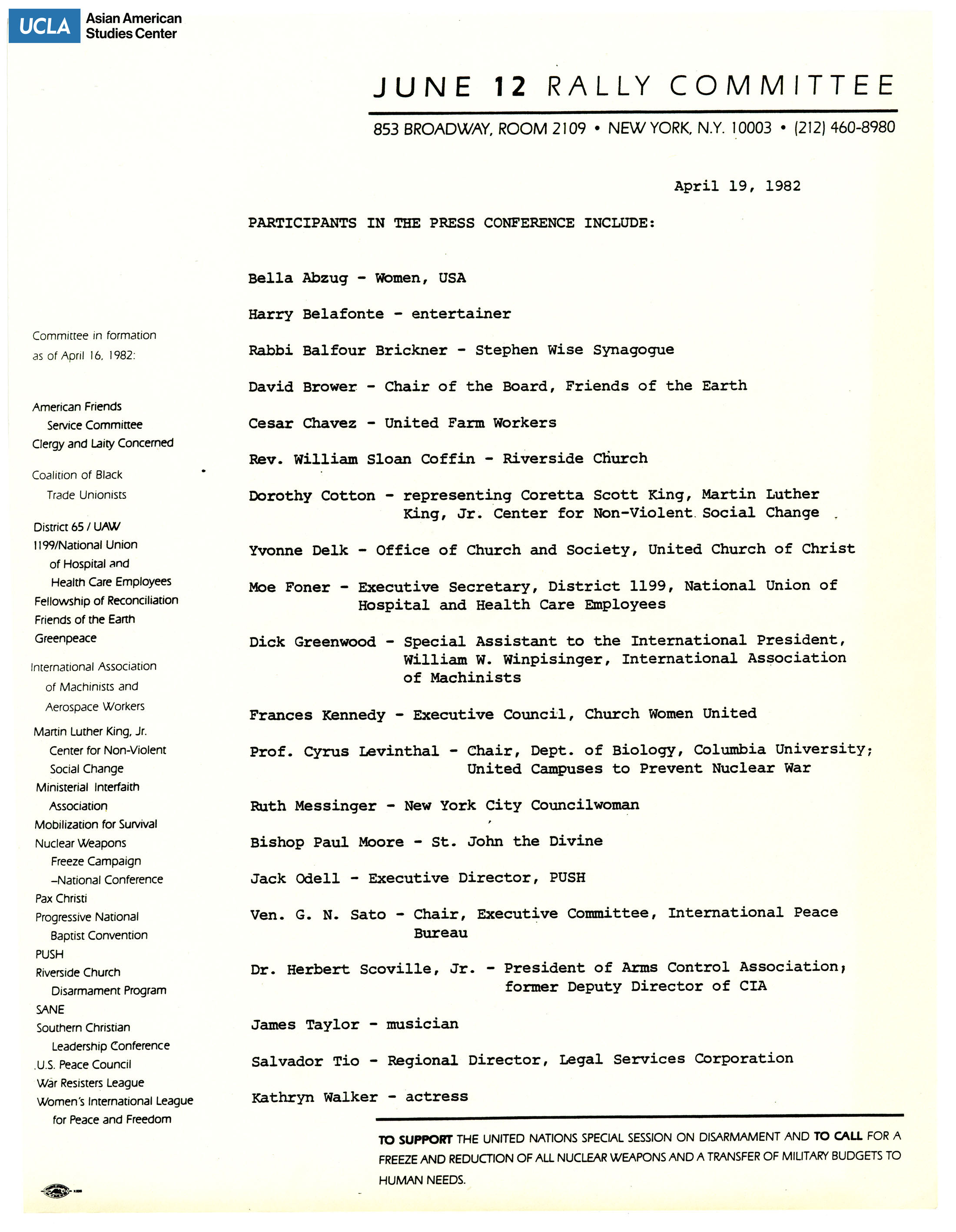Press release regarding a list of participants in the press conference for the June 12th rally.
