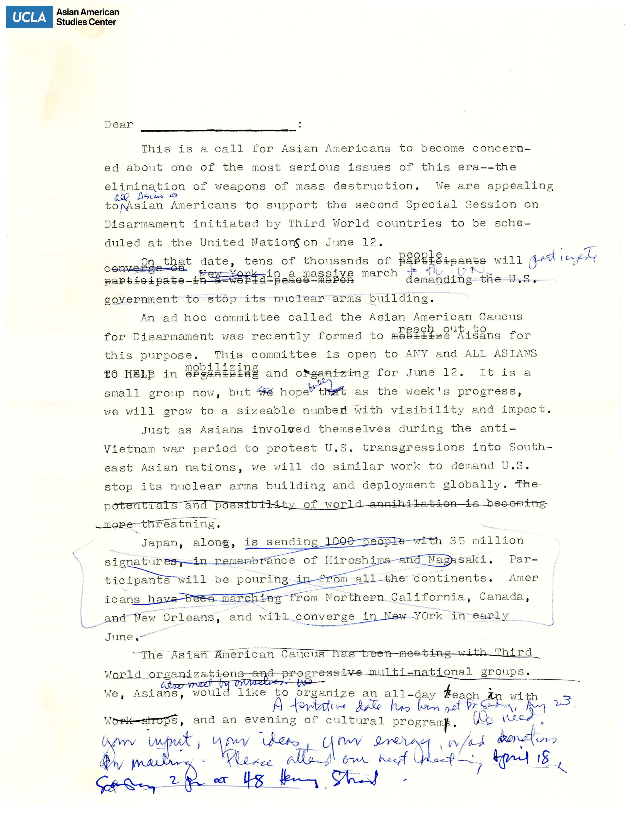 Draft template letter regarding Asian American support for nuclear disarmament.