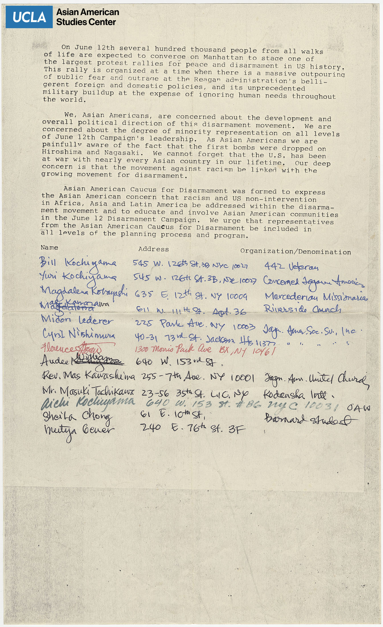 Sign up sheet for the Asian American Caucus for Disarmament.
