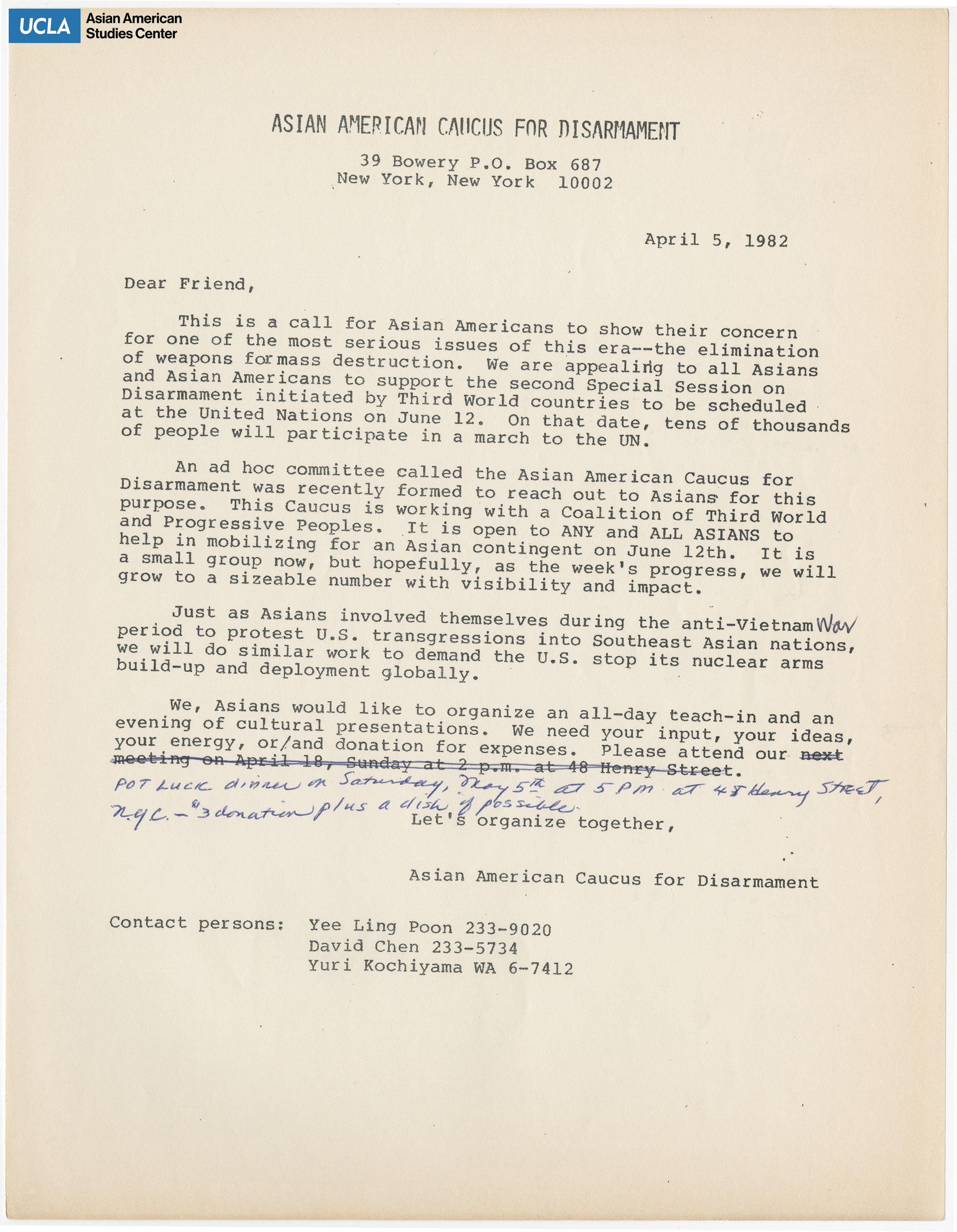 Letter regarding Asian American support for nuclear disarmament.