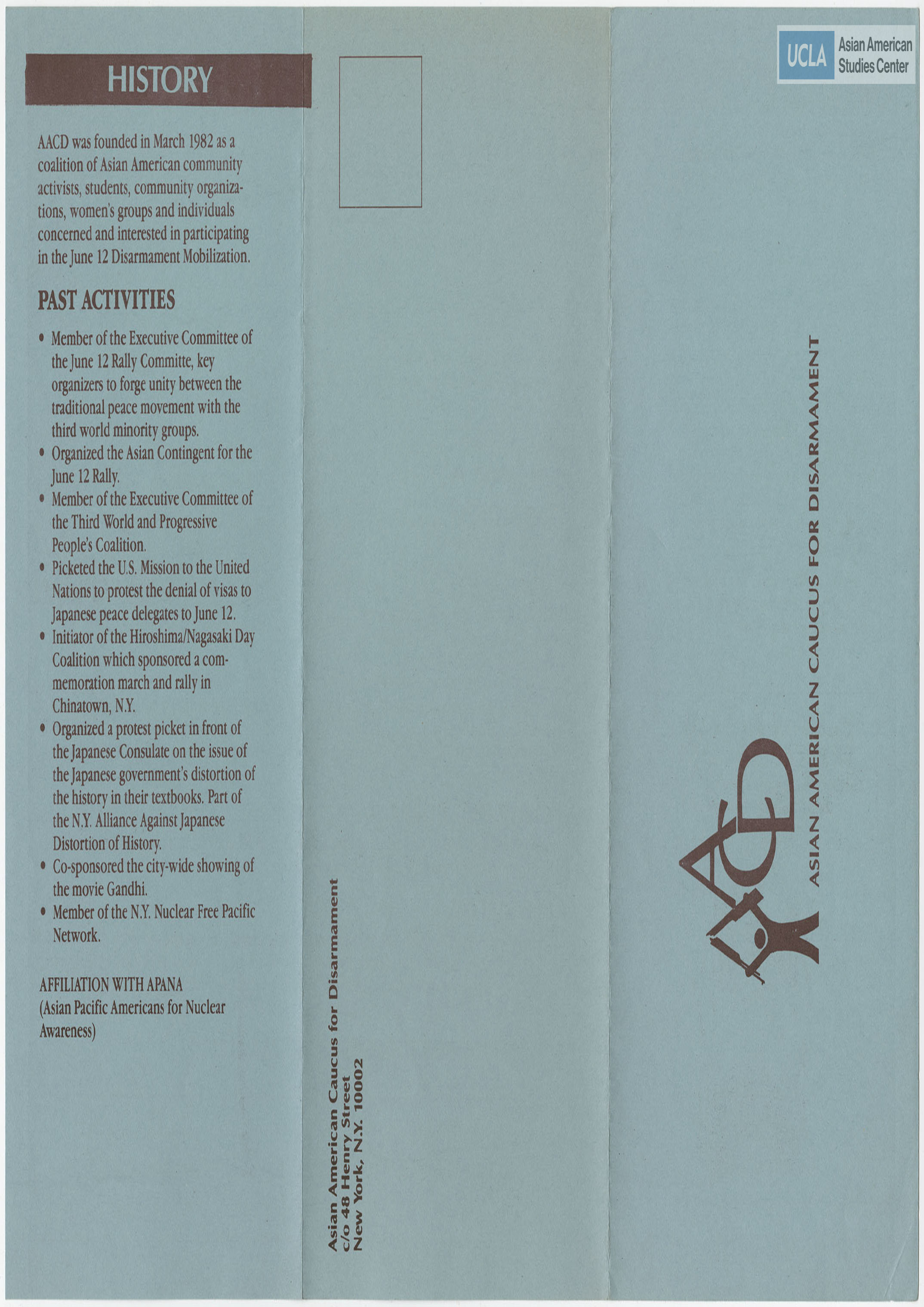 Pamphlet regarding the organization Asian American Caucus for Disarmament.
