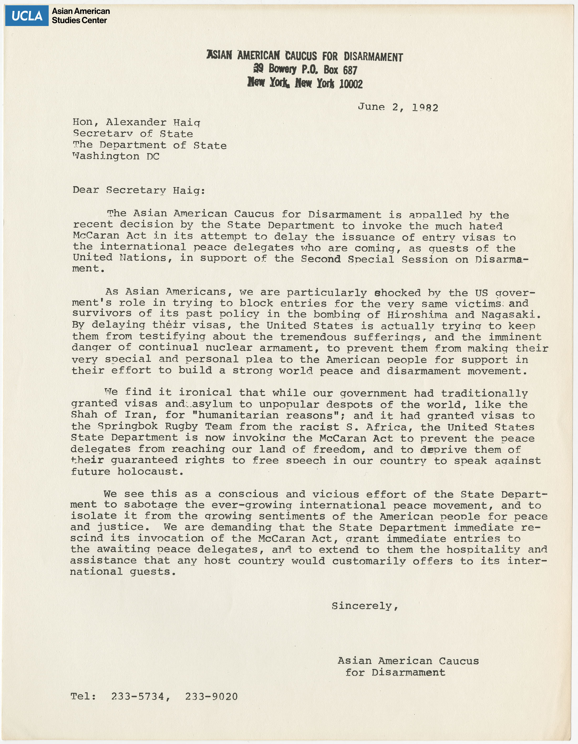 Letter regarding response State Department action on the McCaran Act.