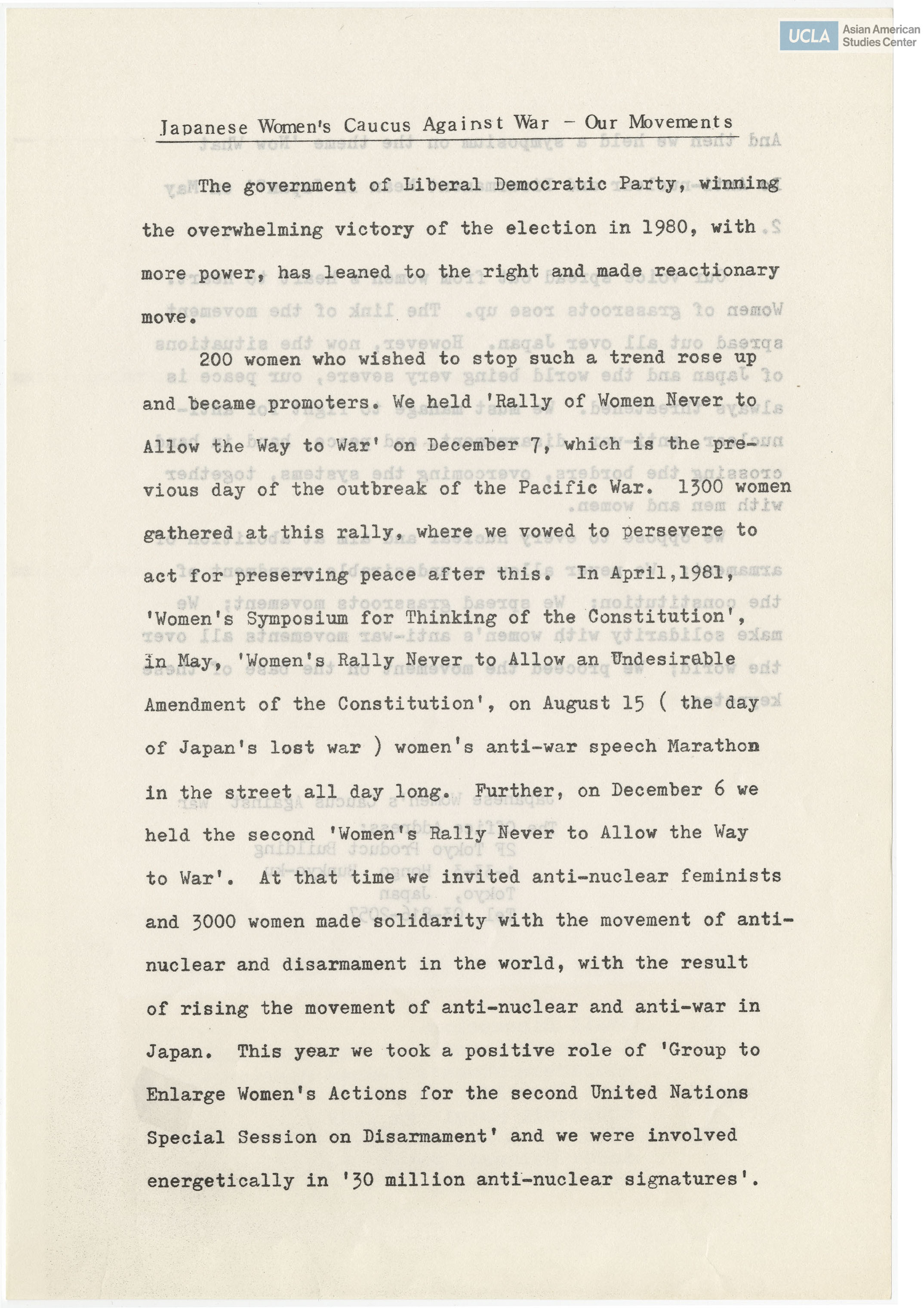 Statement made by the Japanese Women's Caucus Against War regarding the support for nuclear disarmament, peace, and anti-war.