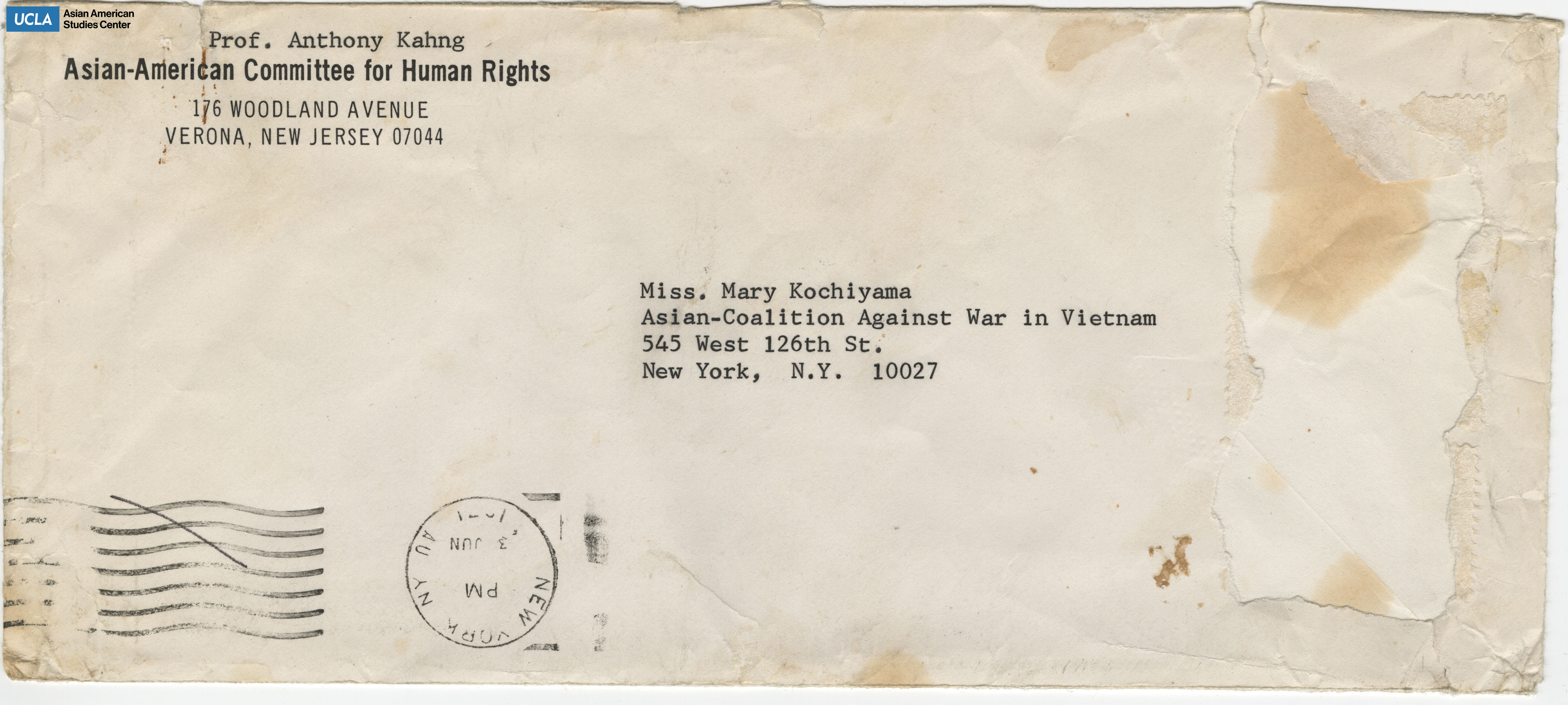 Envelope addressed to Yuri Kochiyama from Professor Anthony Kahng.