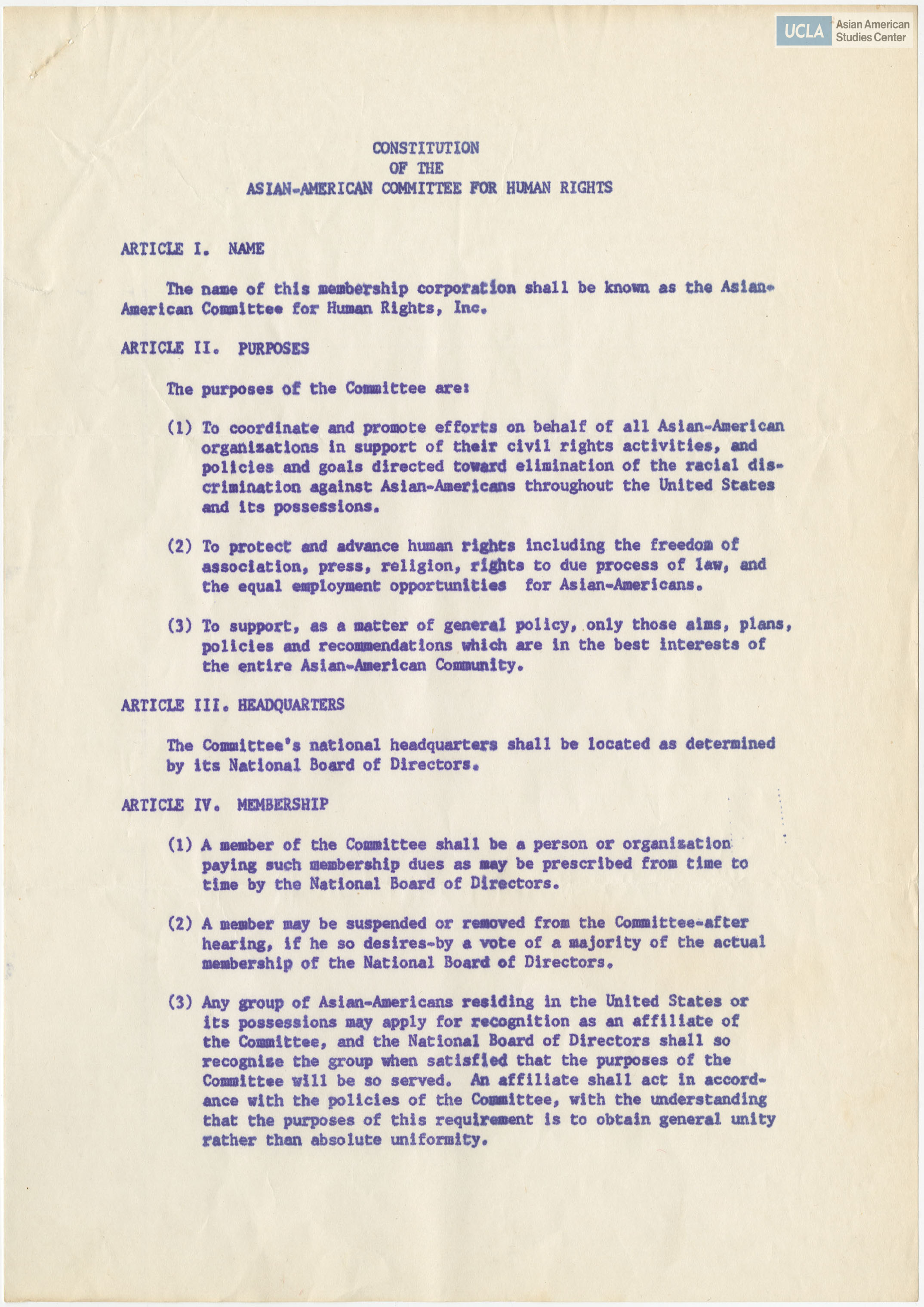 Drafted by Professor Anthony Kahng regarding the constitution of Asian Americans for human rights.