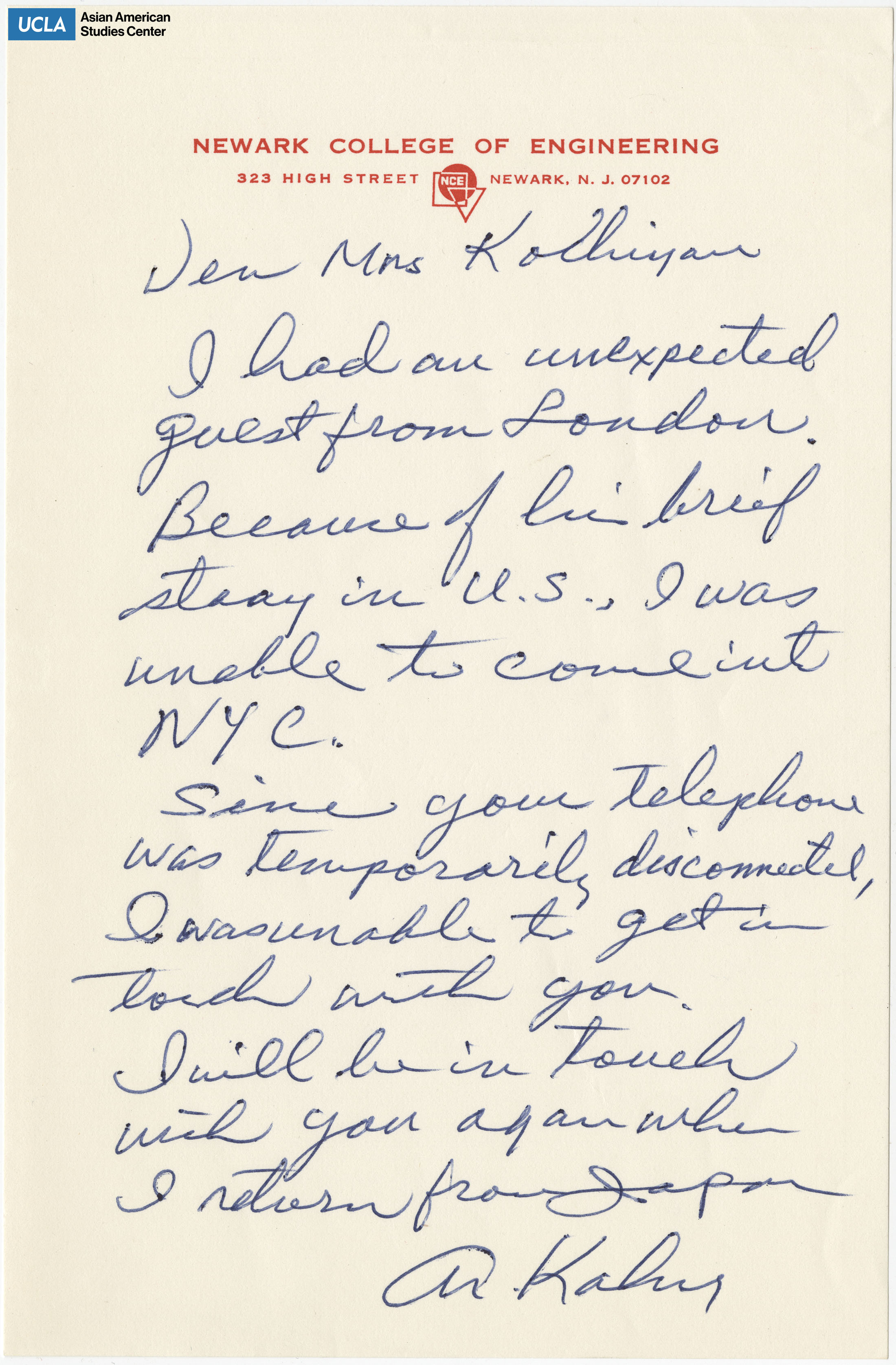Letter addressed to Yuri Kochiyama regarding reaching out.