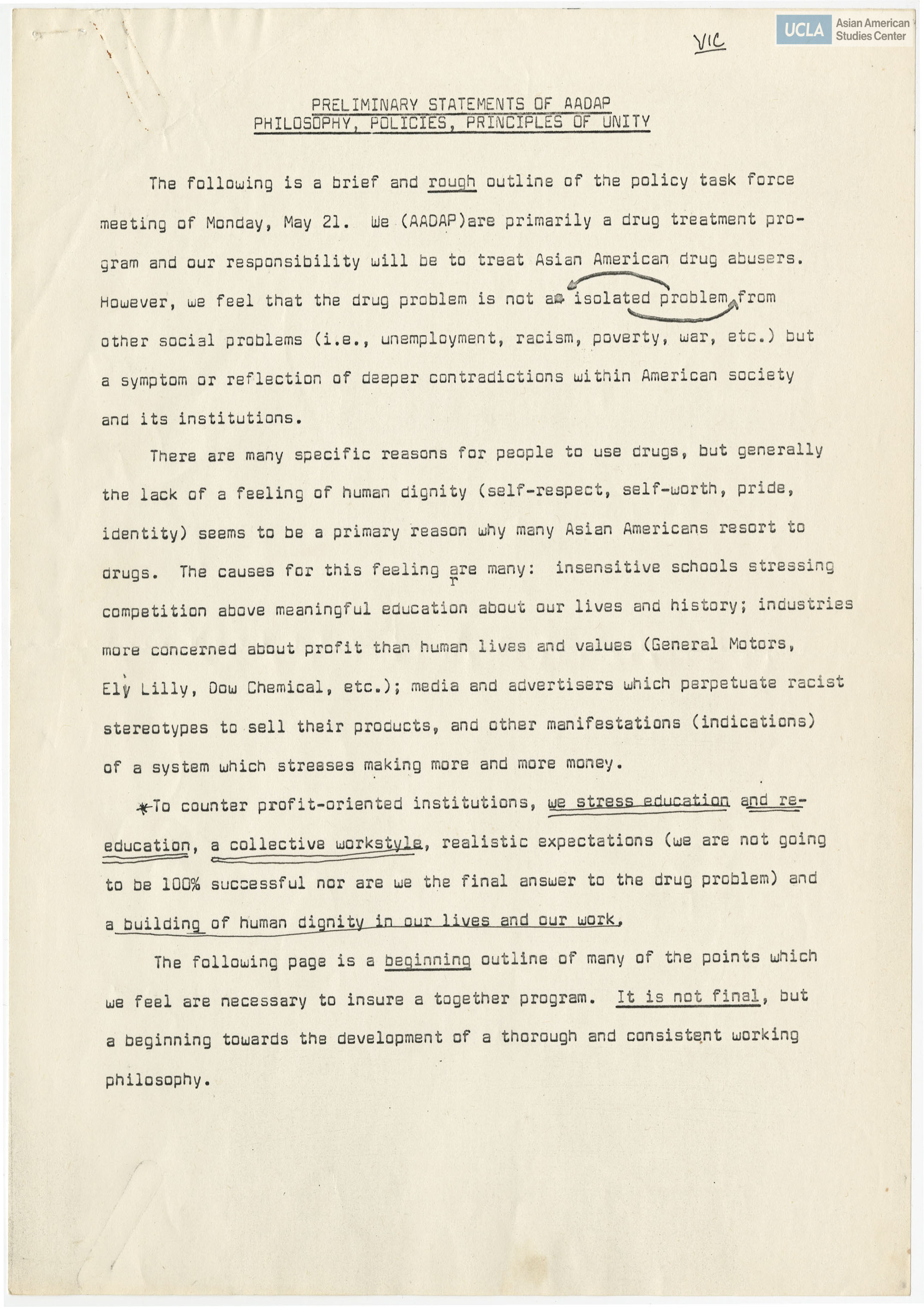 Draft outline regarding the Asian Amercan Drug Abuse Program statement.