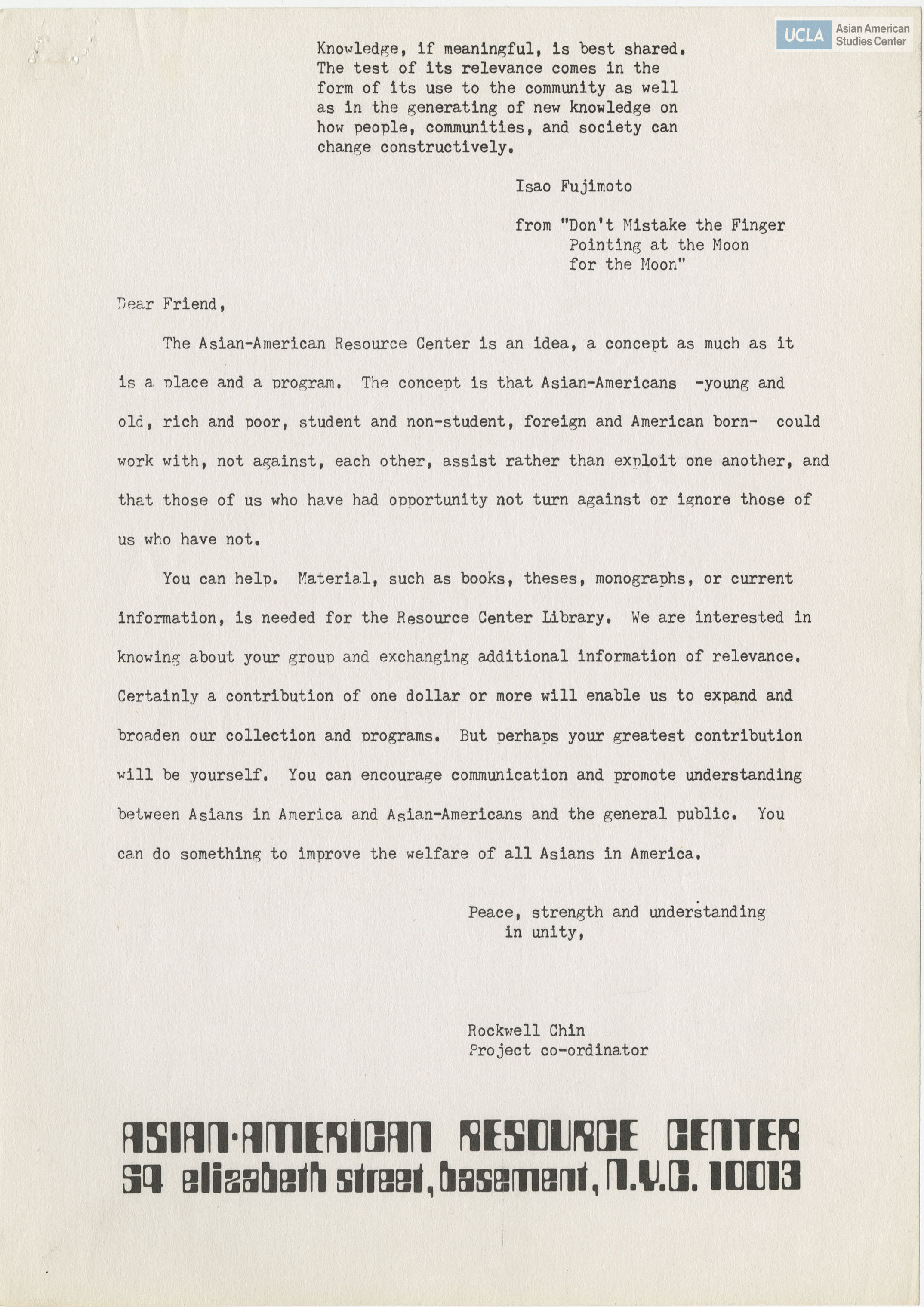 Letter from Rockwell Chin regarding the support of the Asian American Resource Center.
