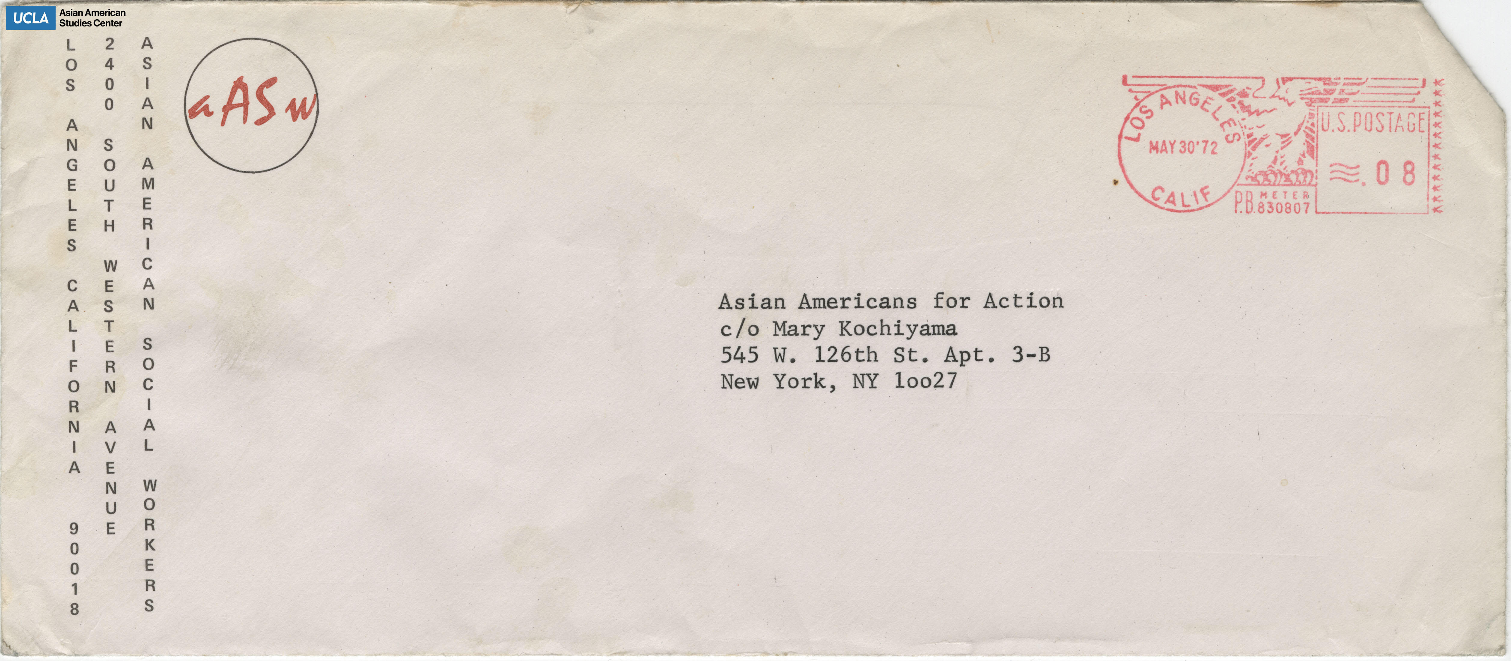 Envelope addressed to Yuri Kochiyama. Postmarked on May 30, 1972.