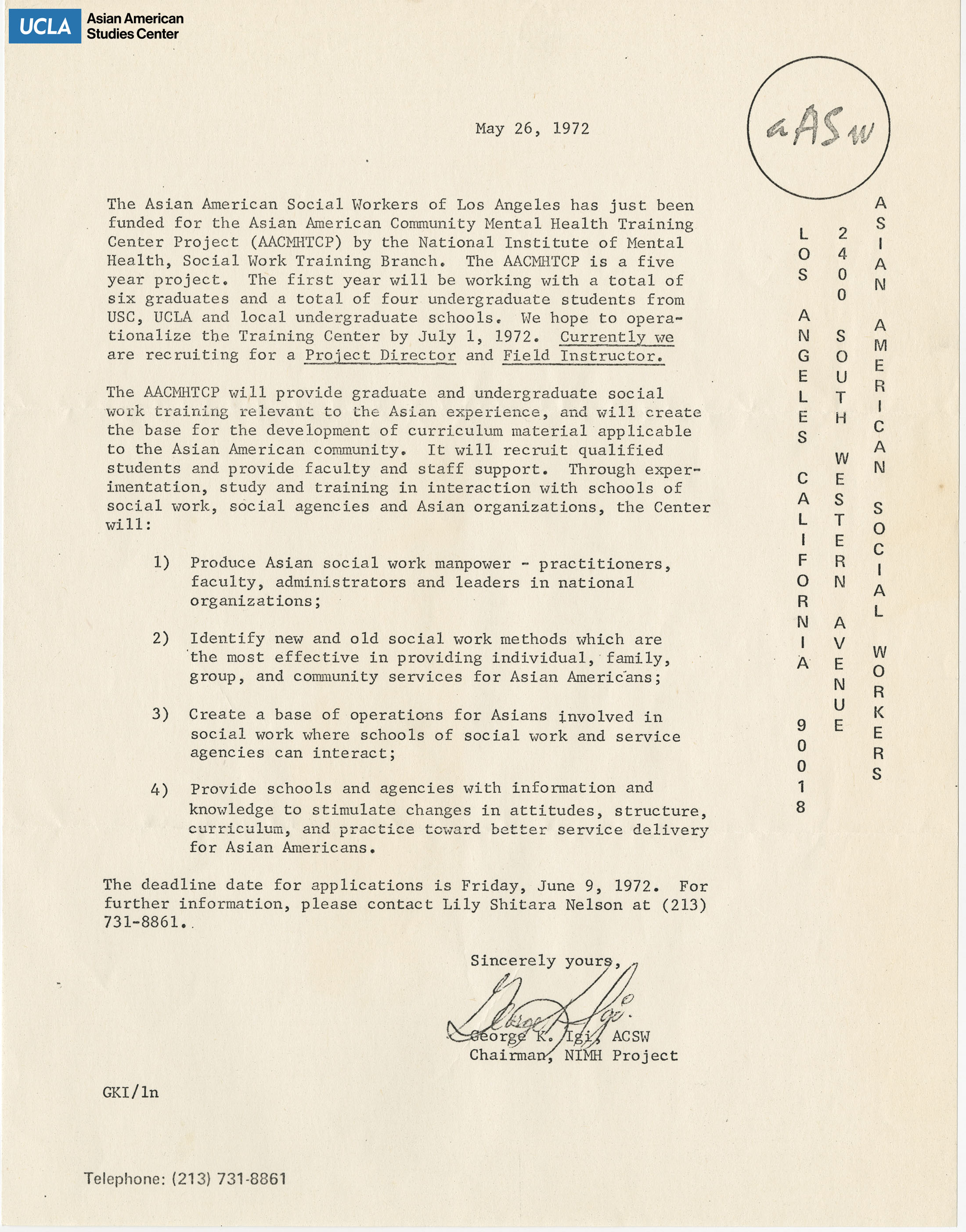 Letter regarding recruiting position Project Director and Field Instructor for Asian American Social Workers.