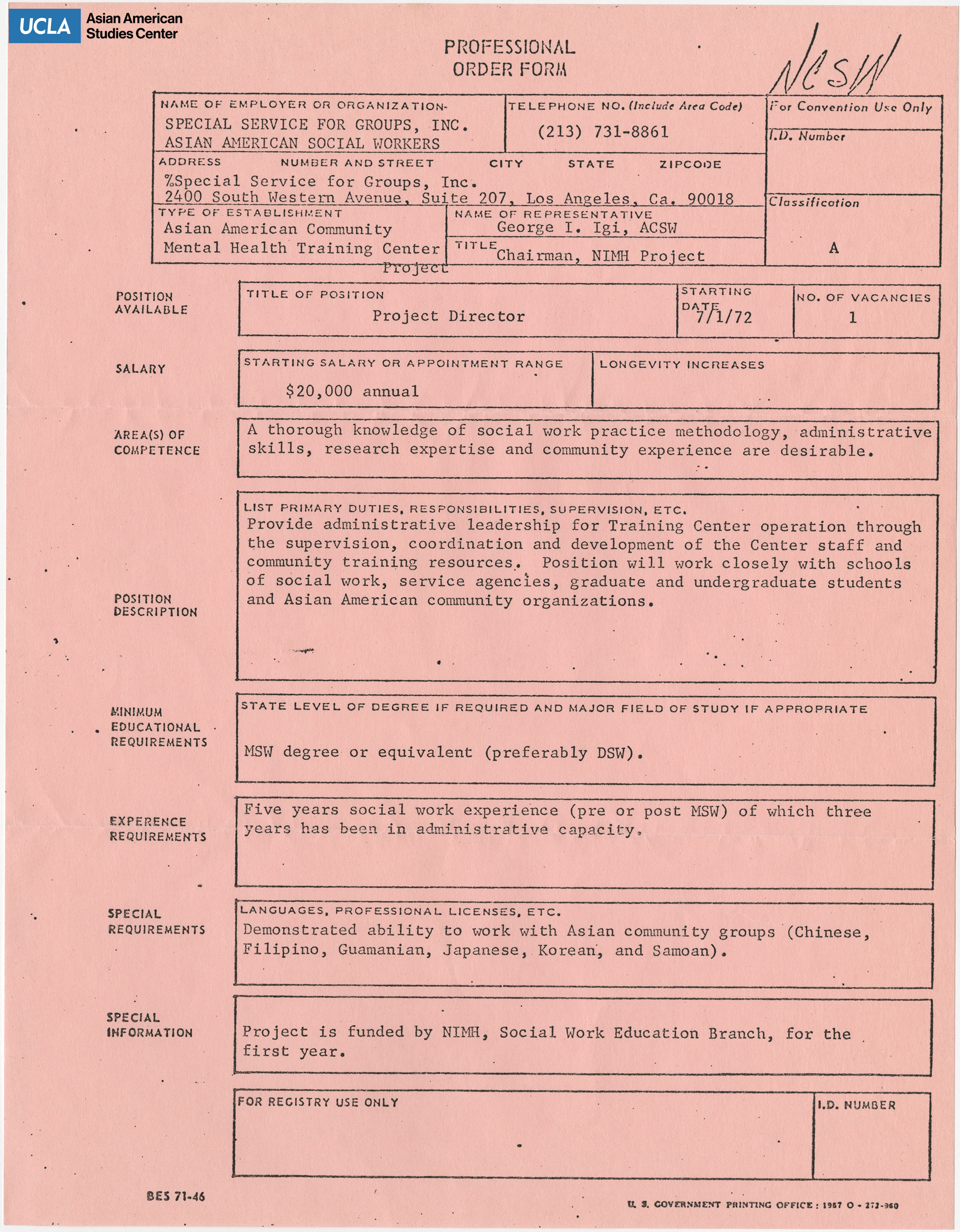 Professional order form for the Asian American Social Workers for job position Project Director.