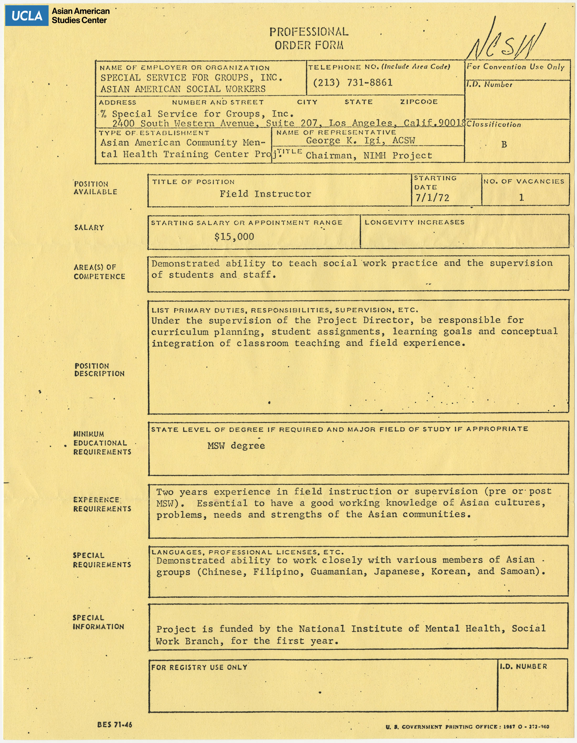 Professional order form for the Asian American Social Workers for job position Social Workers.