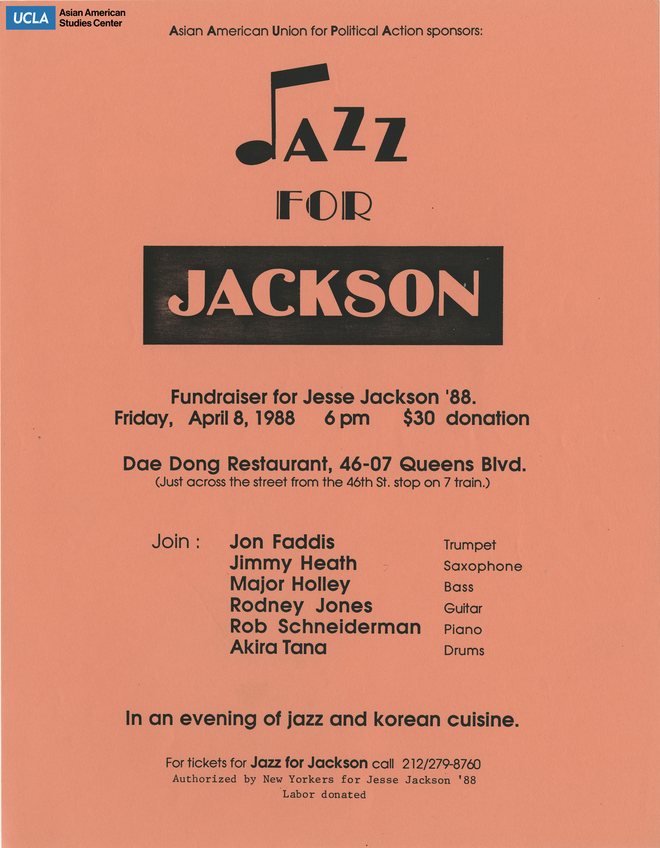 Jazz for Jackson flyer for fundraising Jesse Jackson for president.