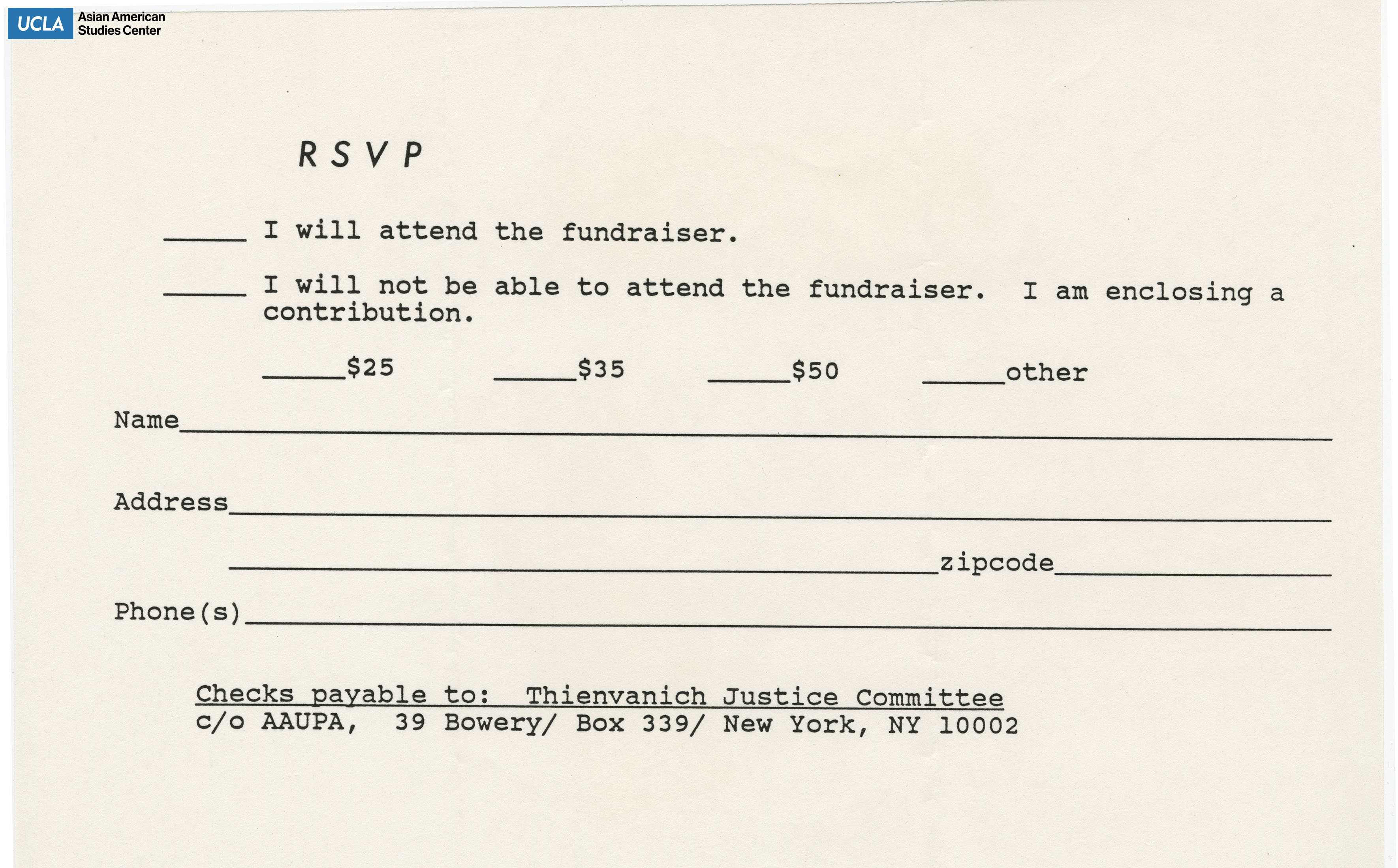 RSVP form for attendance or contribution for Thienvanich Justice Committee.