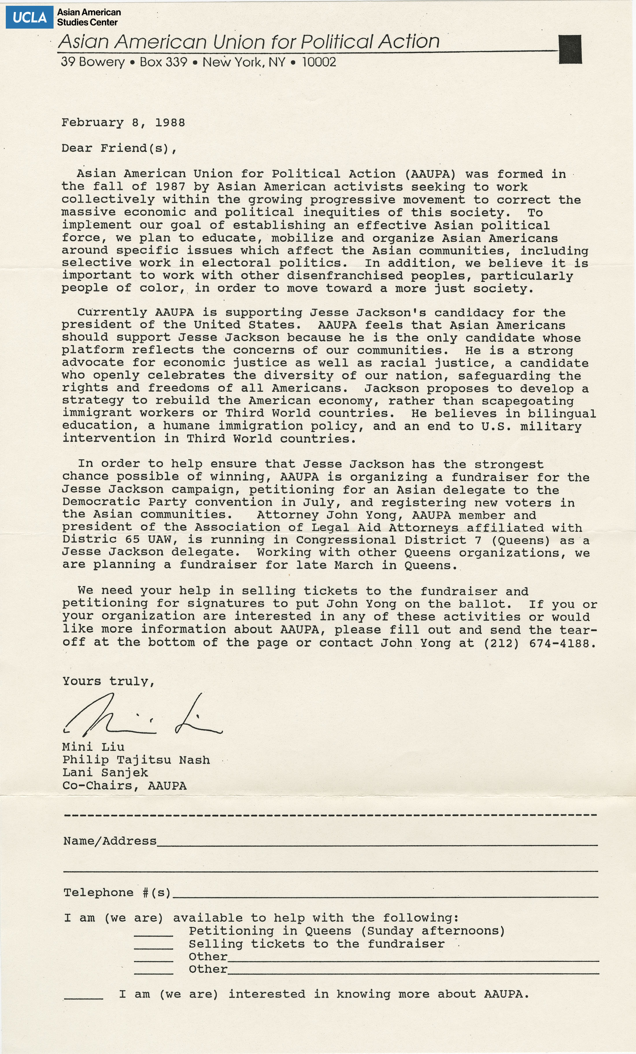 Letter regarding support Jesse Jackson for president.