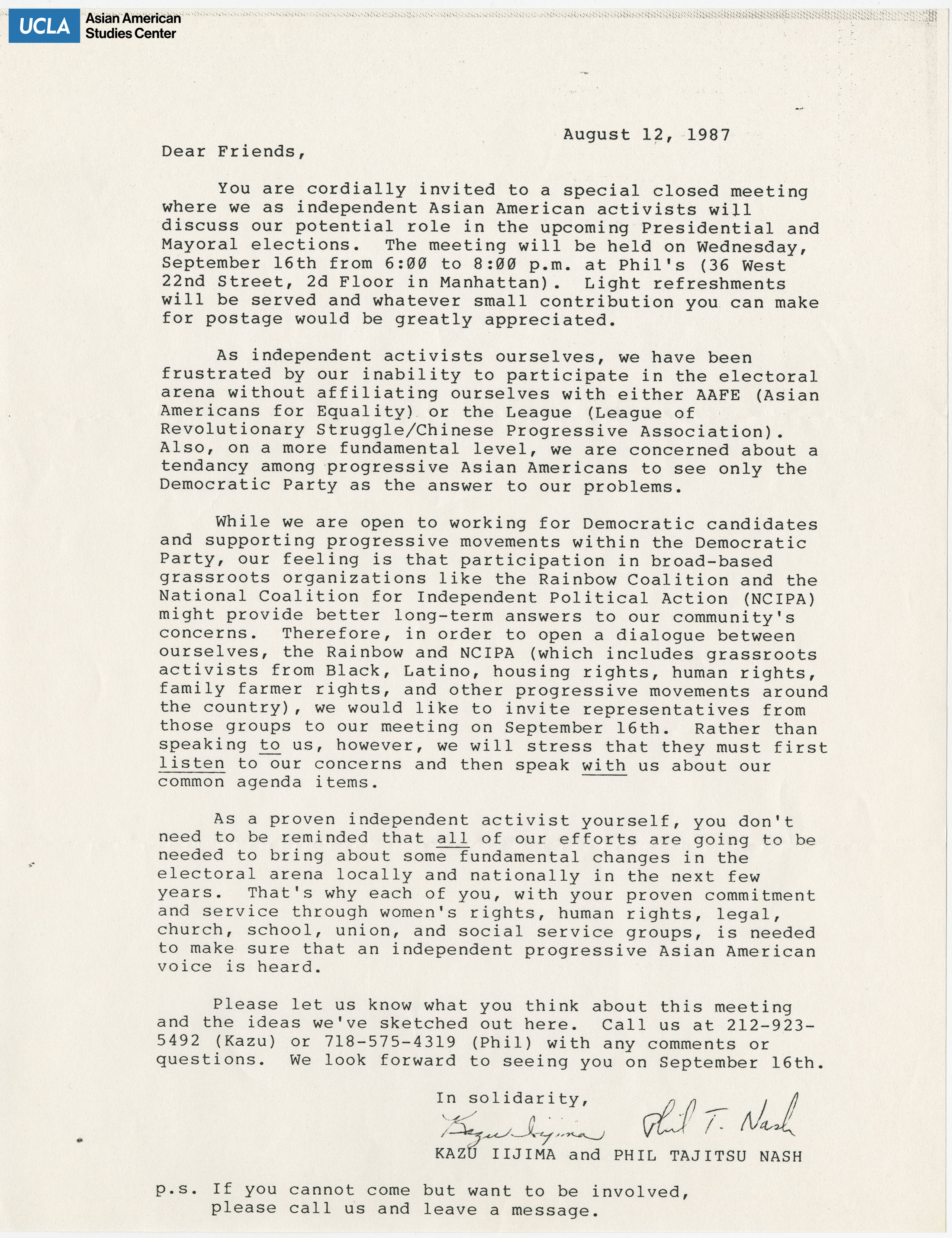 Letter regarding event on presidential and mayoral election.