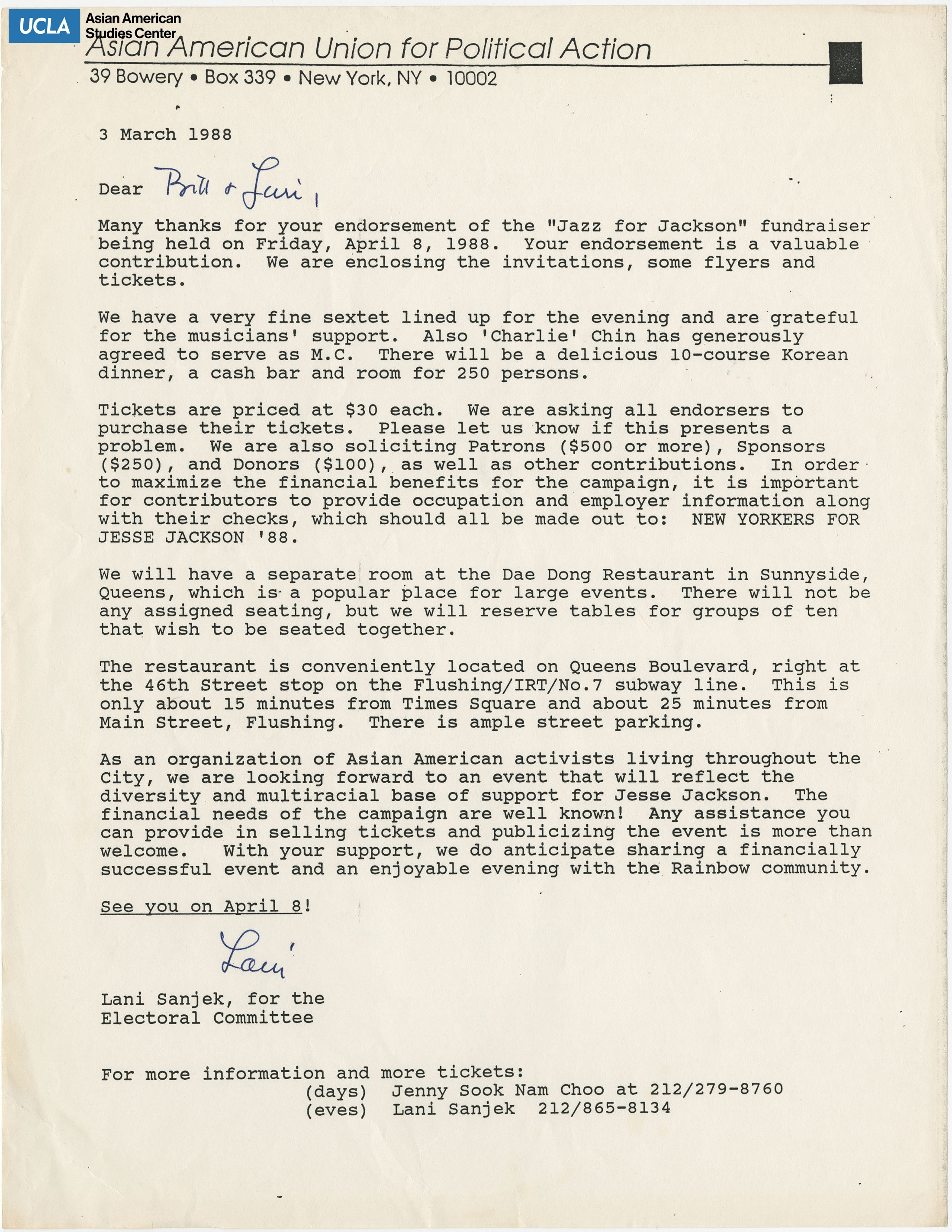 Letter regarding the support for the campaign of Jesse Jackson by Lani Sanjek, Electoral Committee.