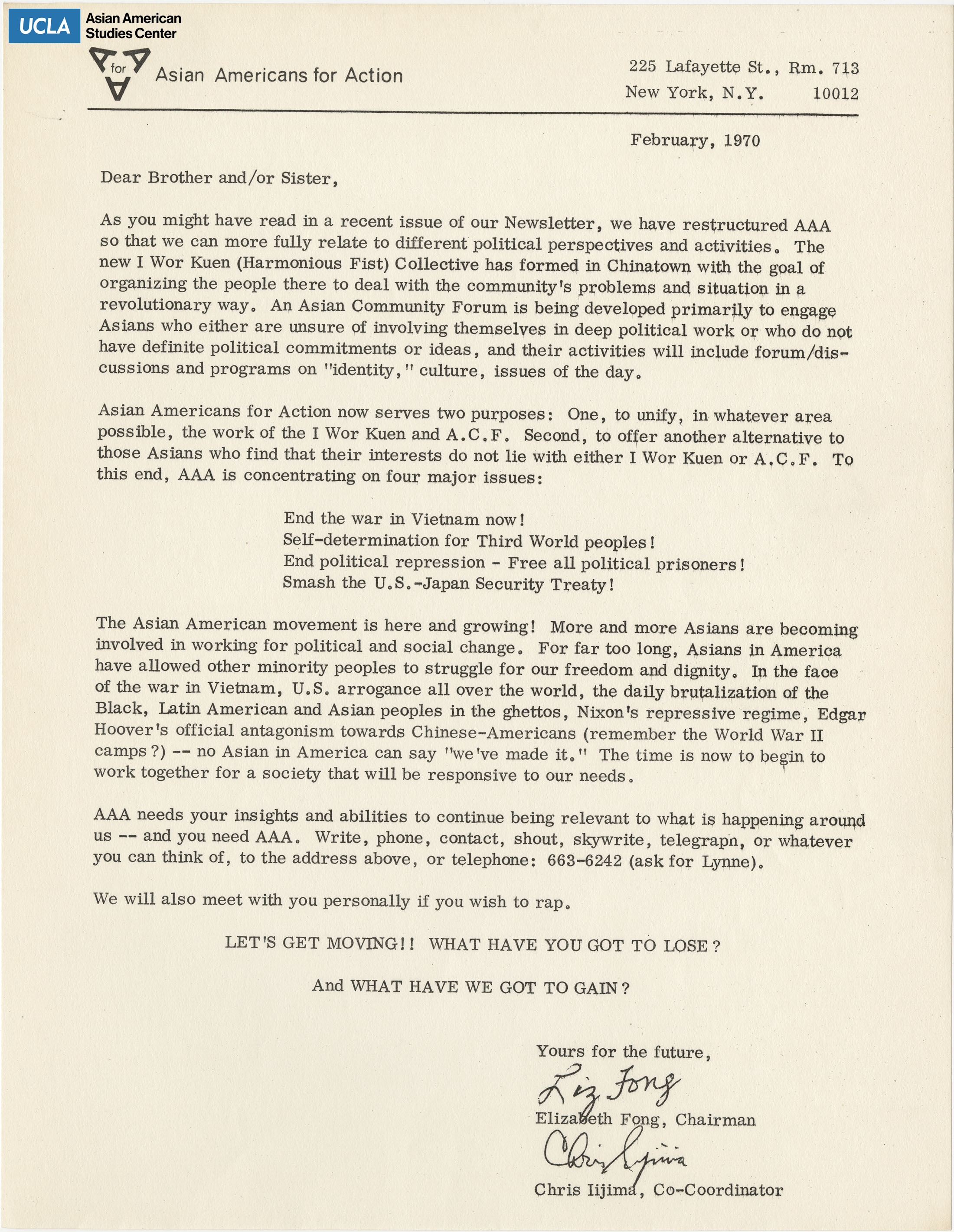 Letter regarding the Asian American movement on political inequities.