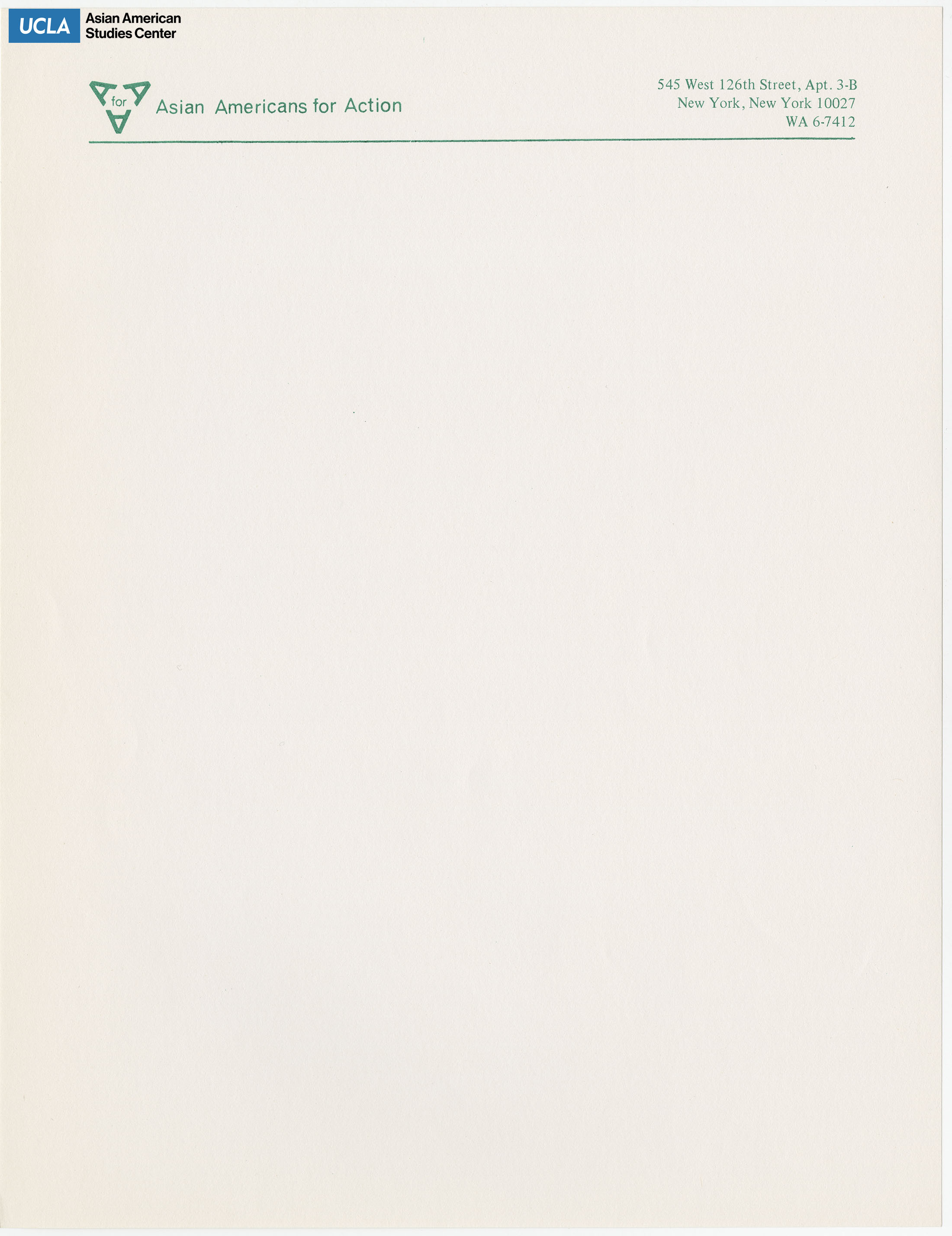 Blank letterhead of Asian Americans for Action with address.