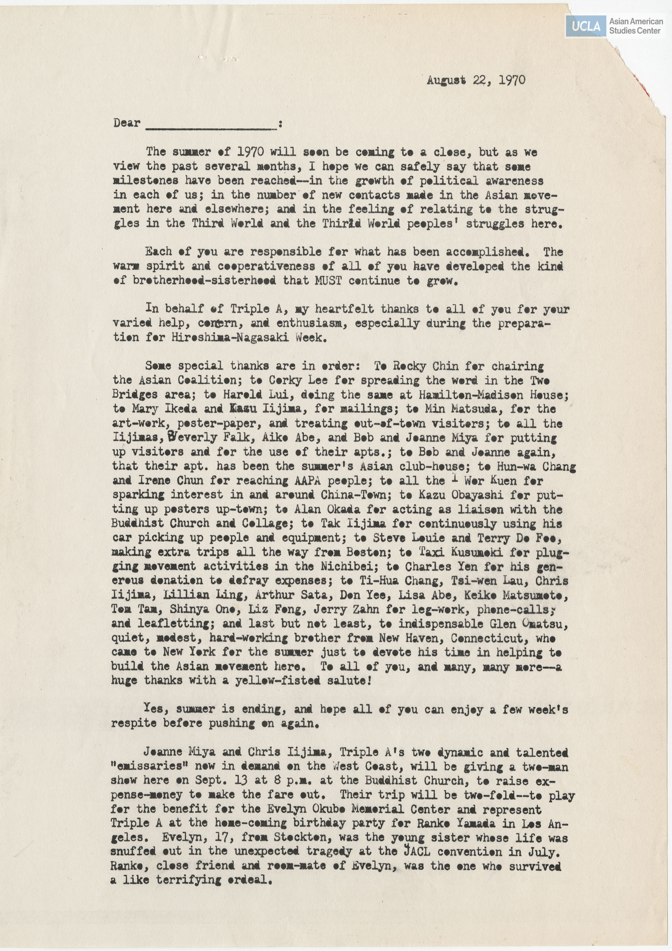 Letter by Yuri Kochiyama regarding updates and accomplishments of Asian American for Action.