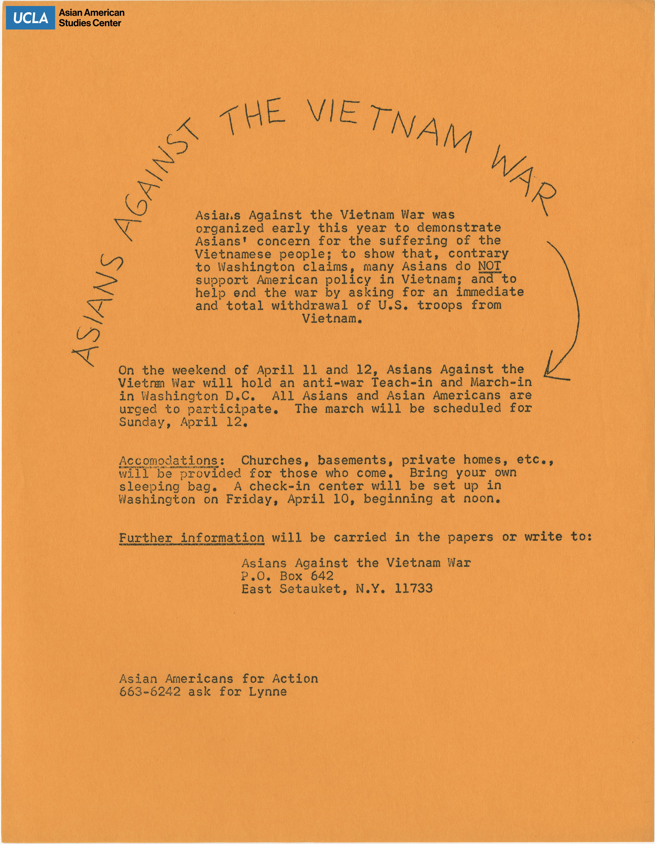 Flyer regarding a march on Asian Americans against the Vietnam war.
