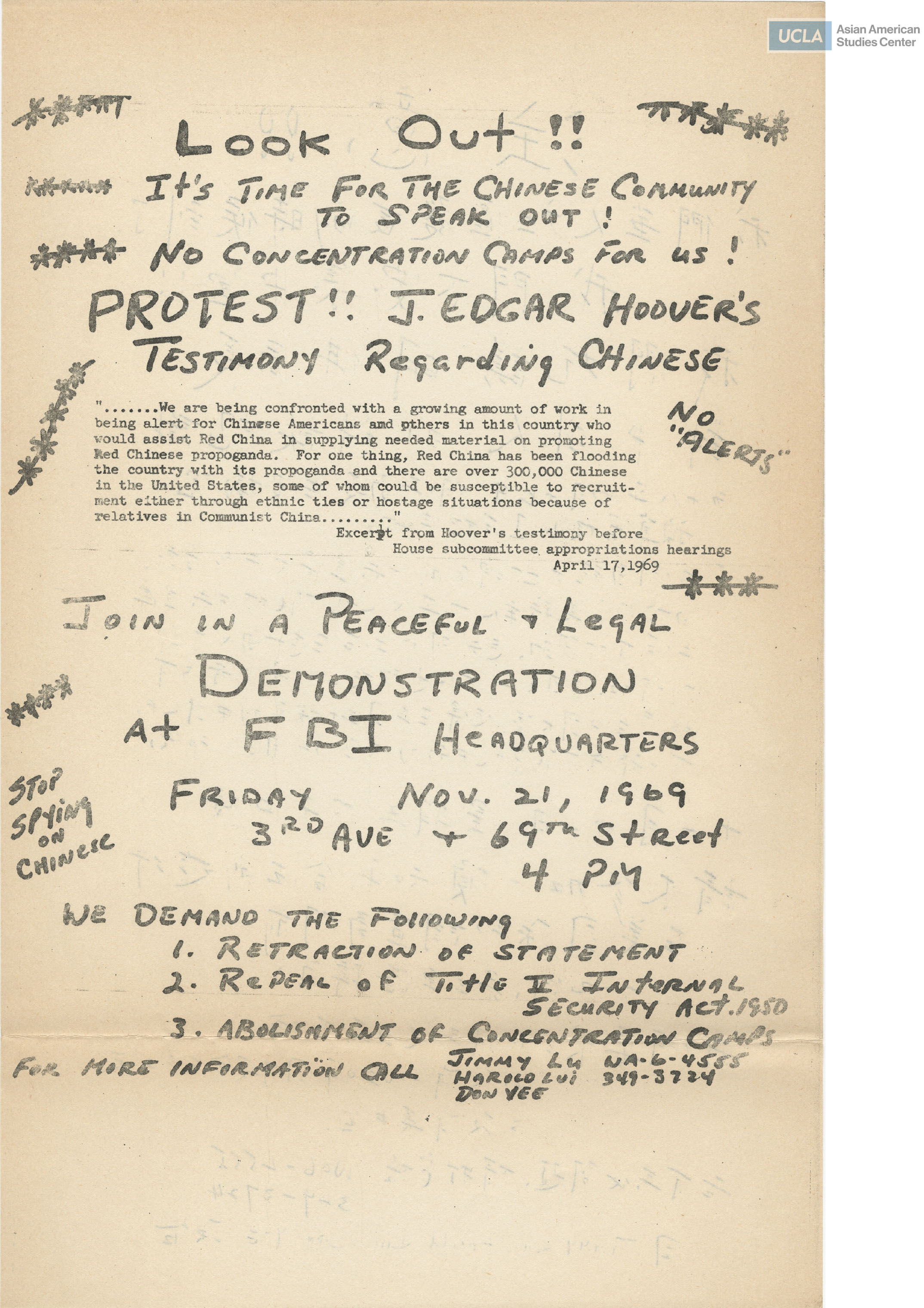 Flyer regarding the demonstration of J. Edgar Hoover's testimony on Chinese Americans.
