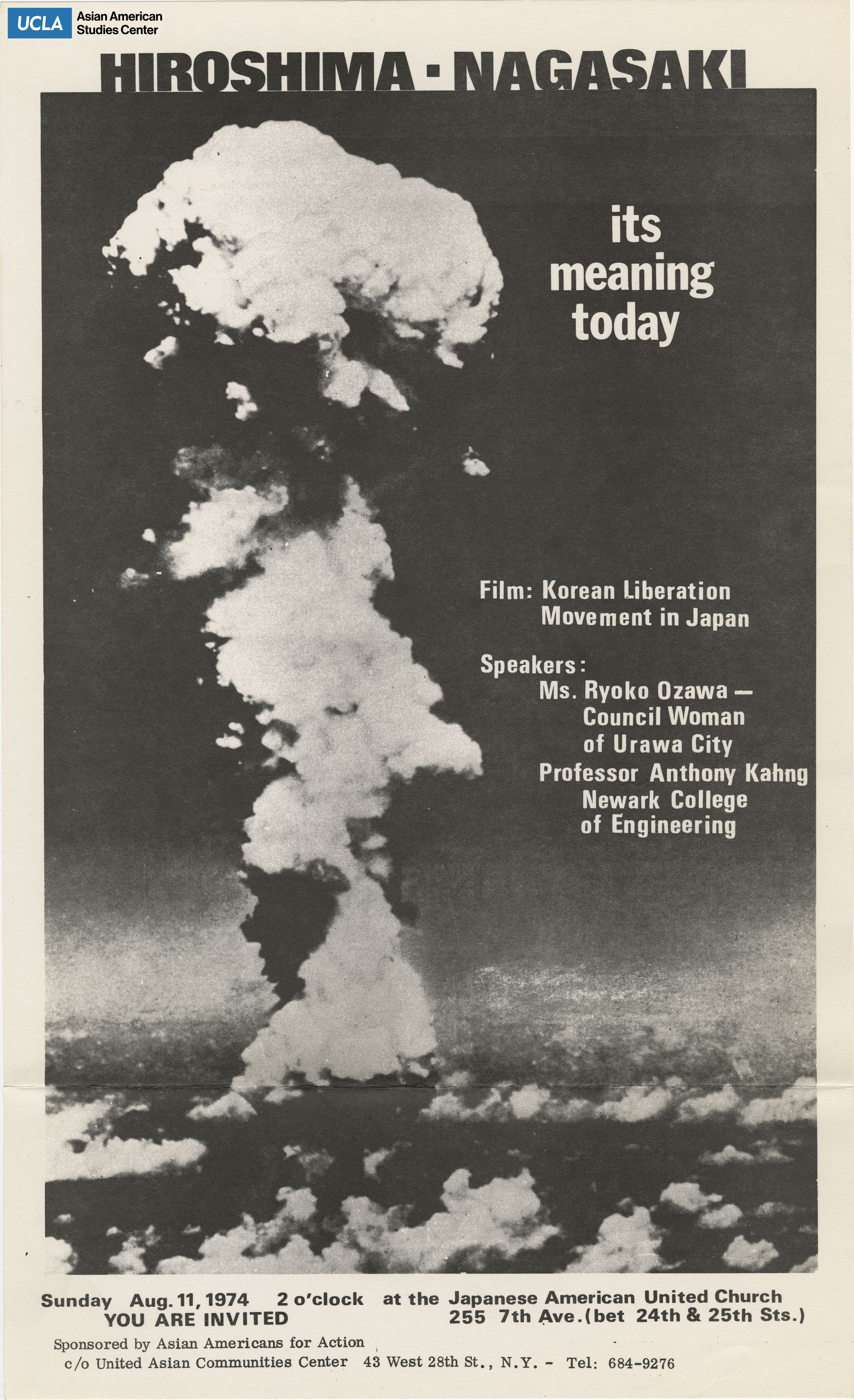 Flyer regarding Hiroshima Day with a film screening and speakers.