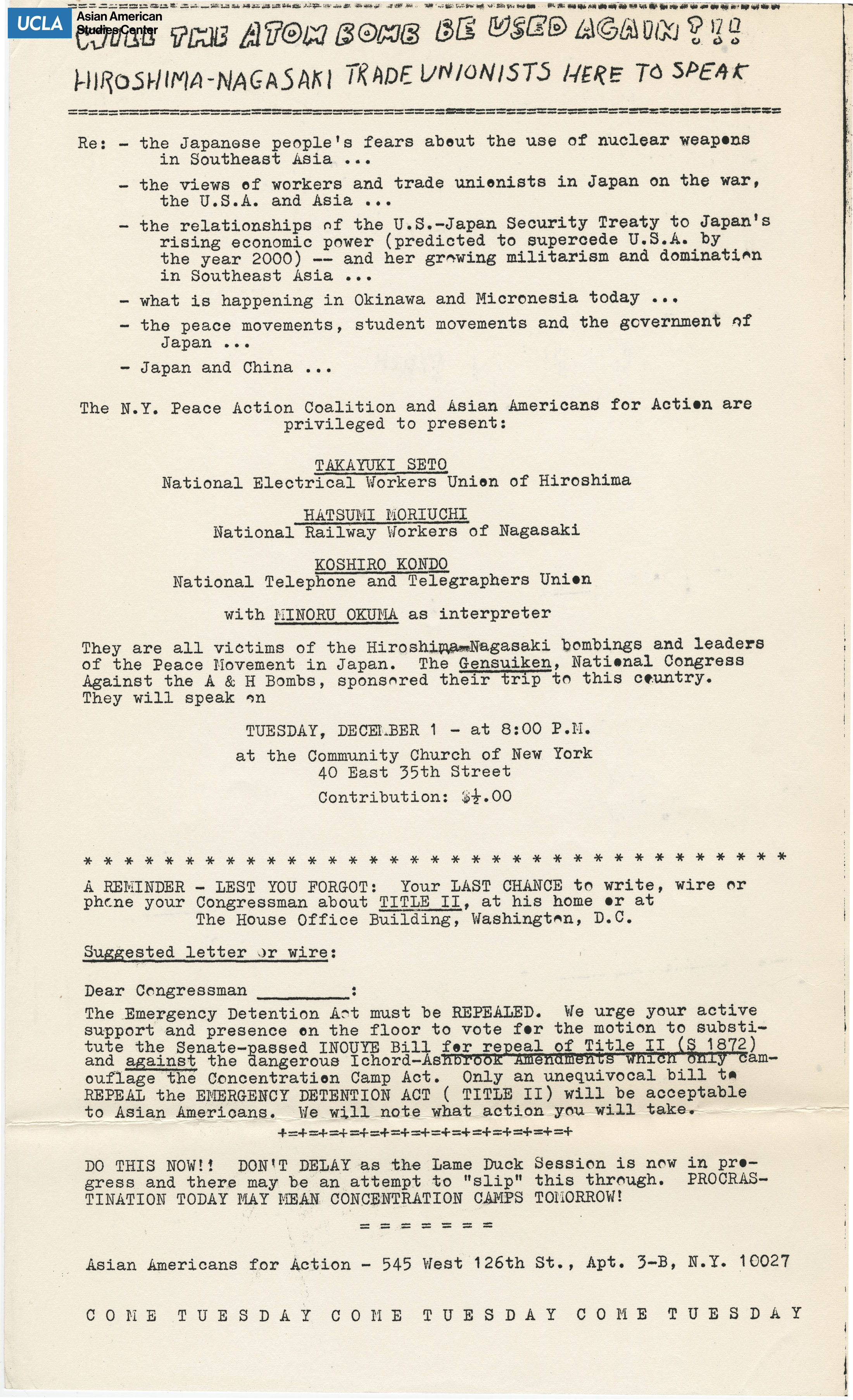 Flyer regarding trade unionists speak on nuclear weapons.