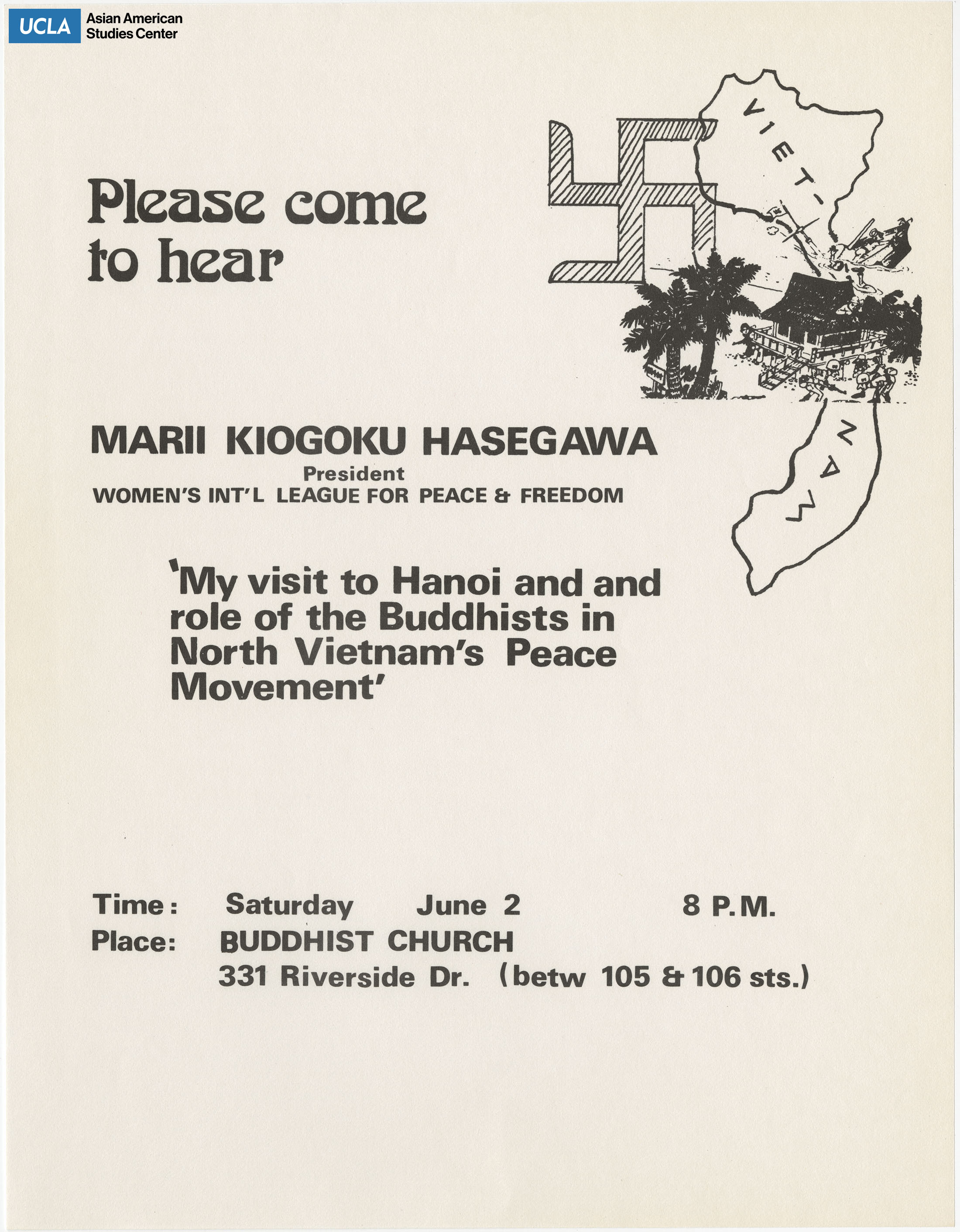Flyer regarding speaker Marii Kiogoku Hasegawa, President of Women's International League for Peace and Freedom.