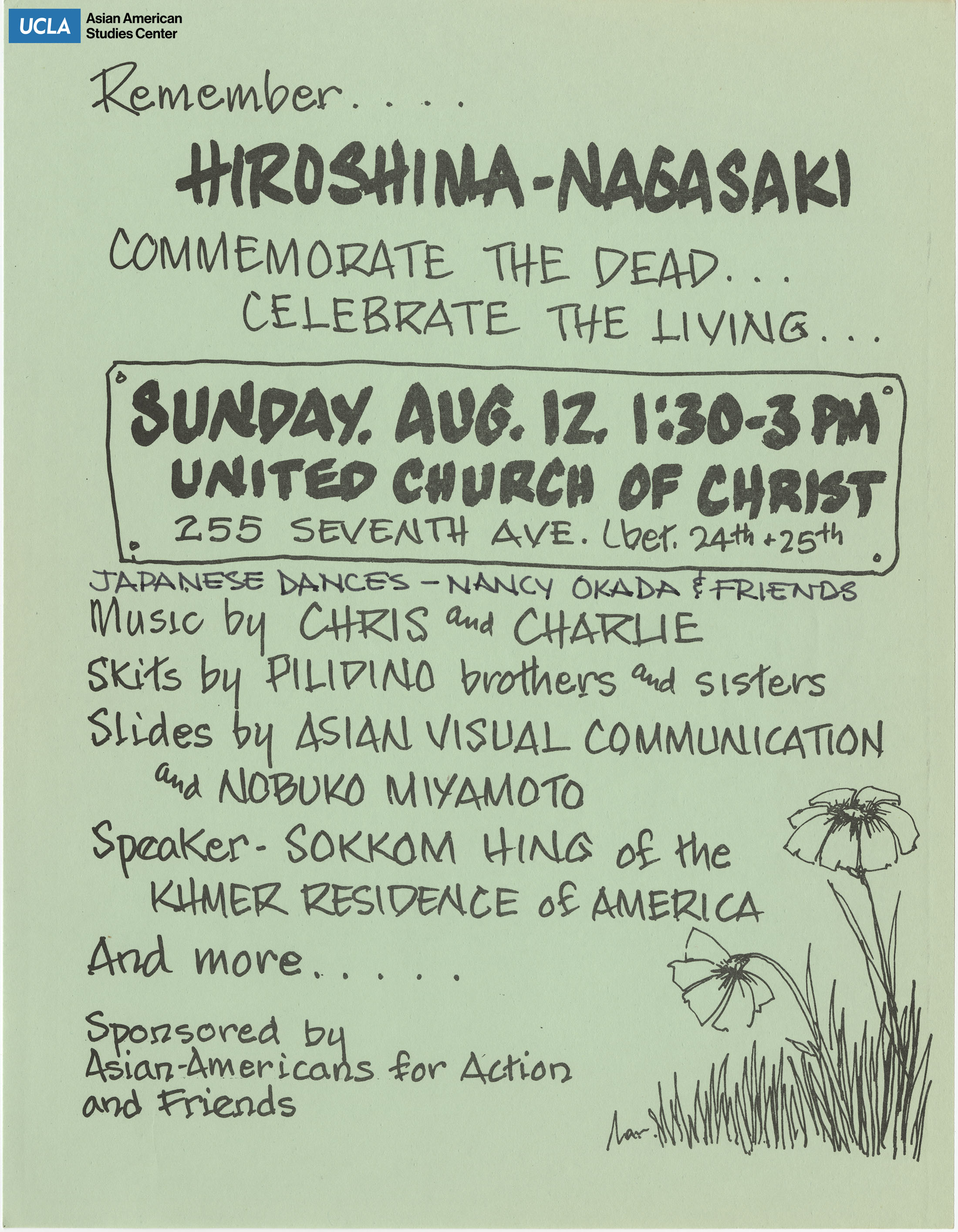 Flyer regarding Hiroshima Day with dances, music, skits, and speakers.