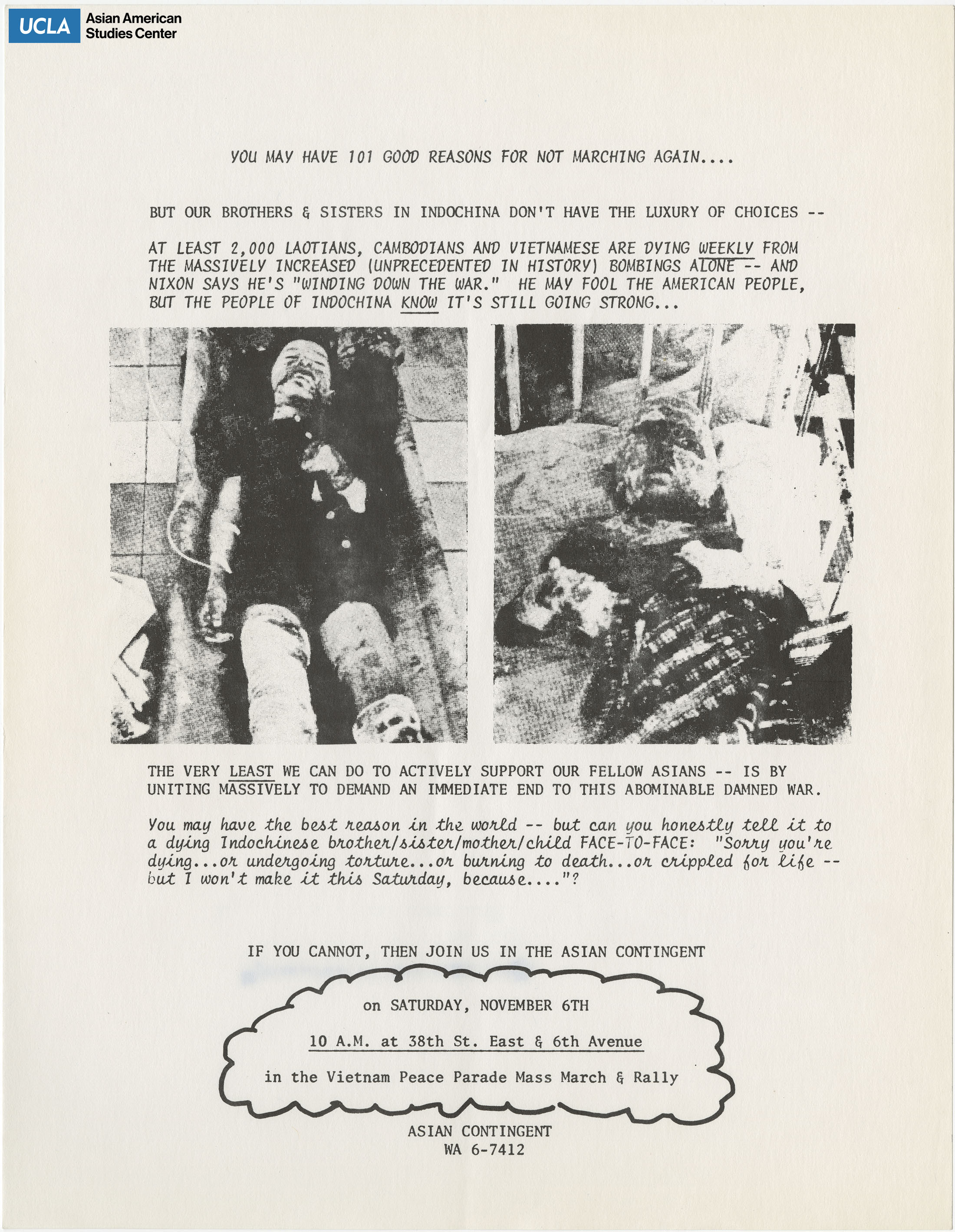 Flyer regarding a demonstration and rally to protest against the Indochina war.