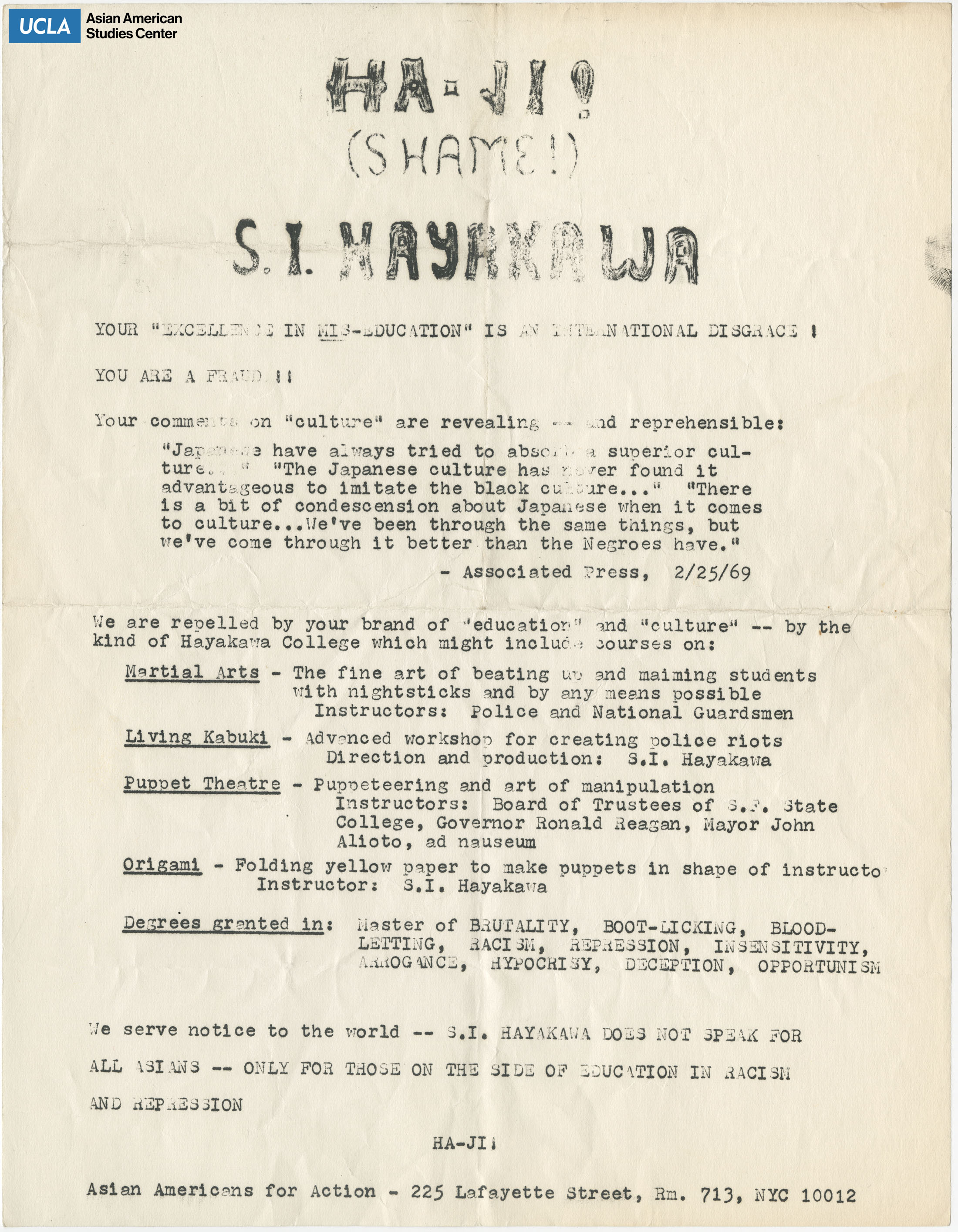 Flyer regarding protesting against S.I. Hayakawa.