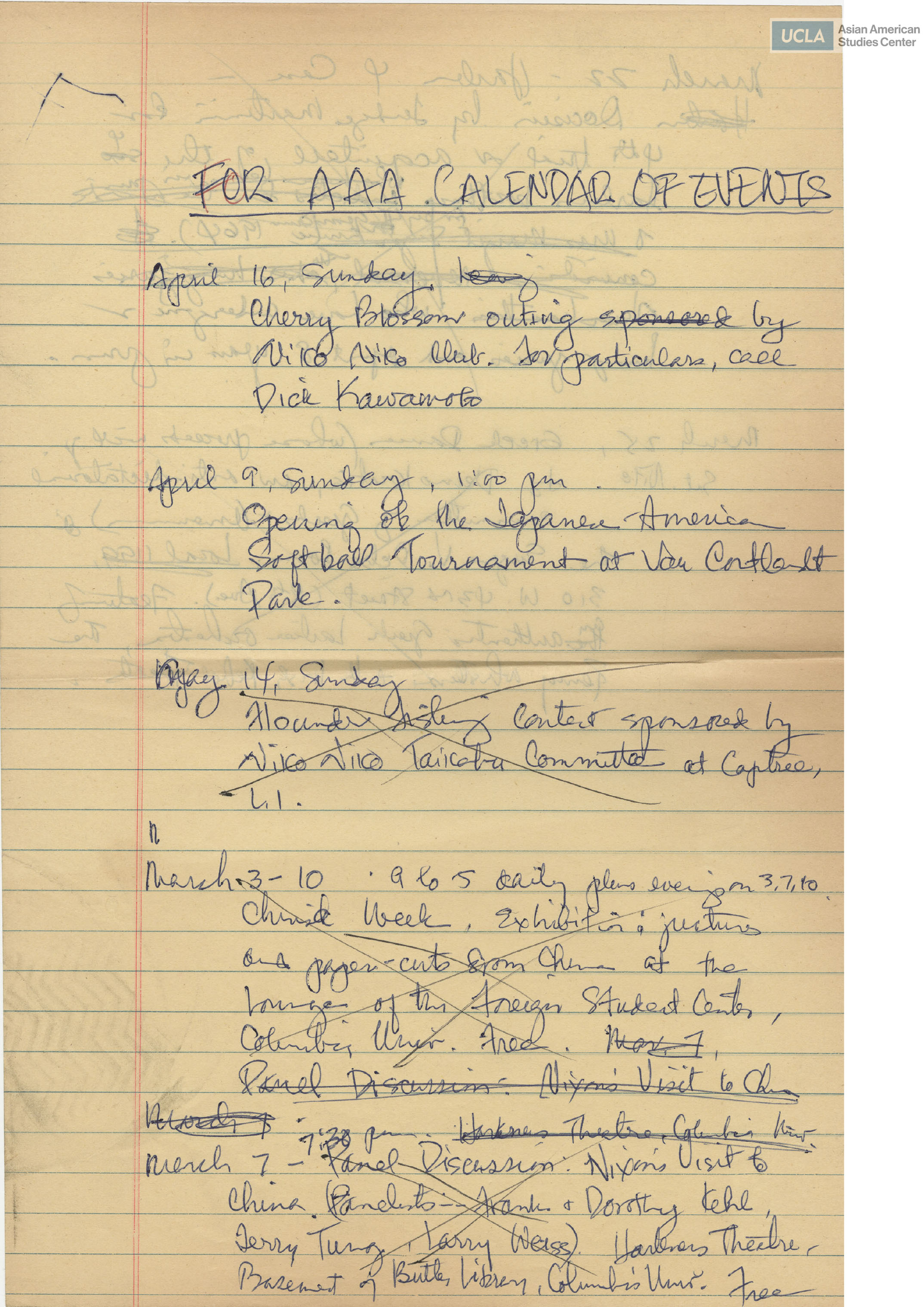 Drafted notes regarding calendar of events from Asian Americans for Action.