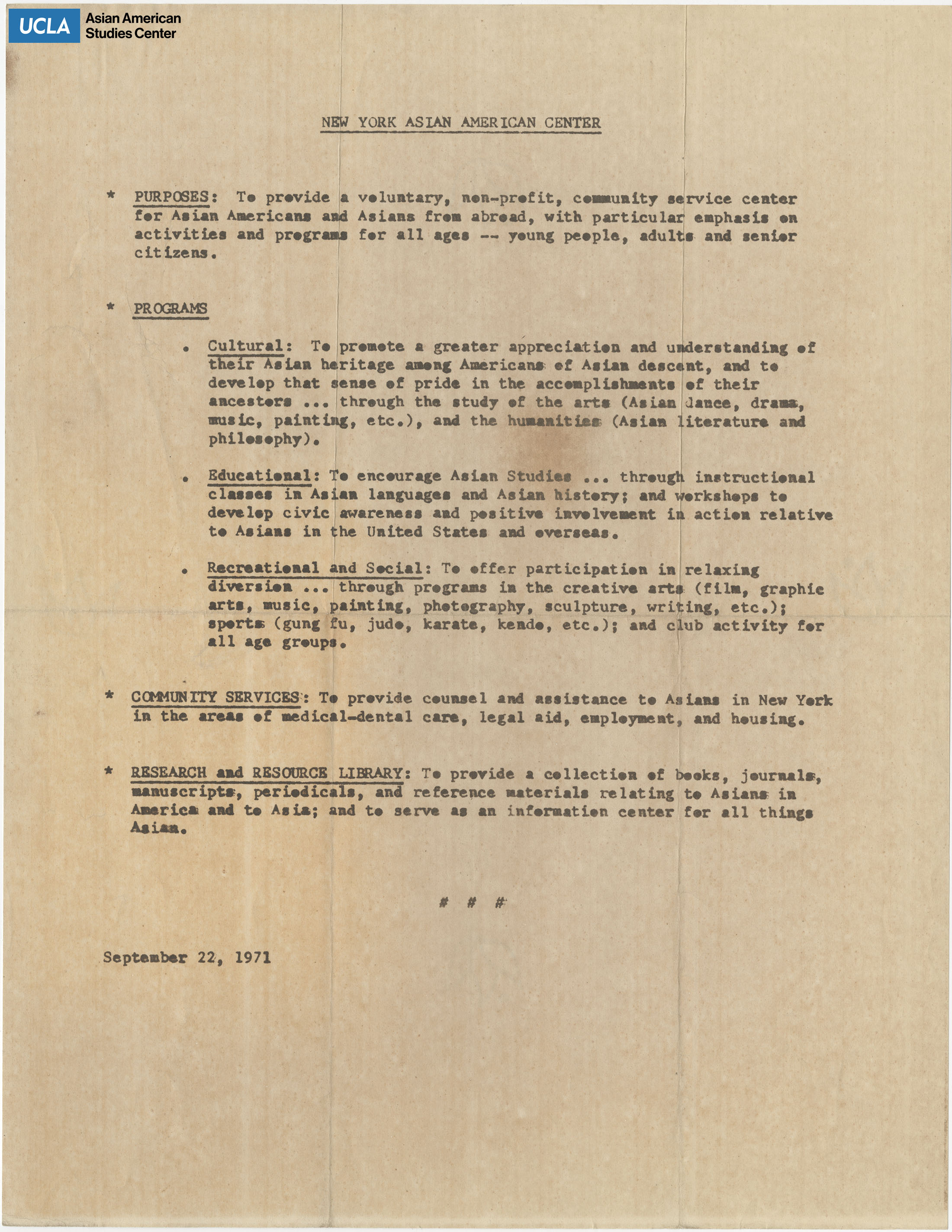 New York Asian American Center statement of purpose, programs, community services, and research.