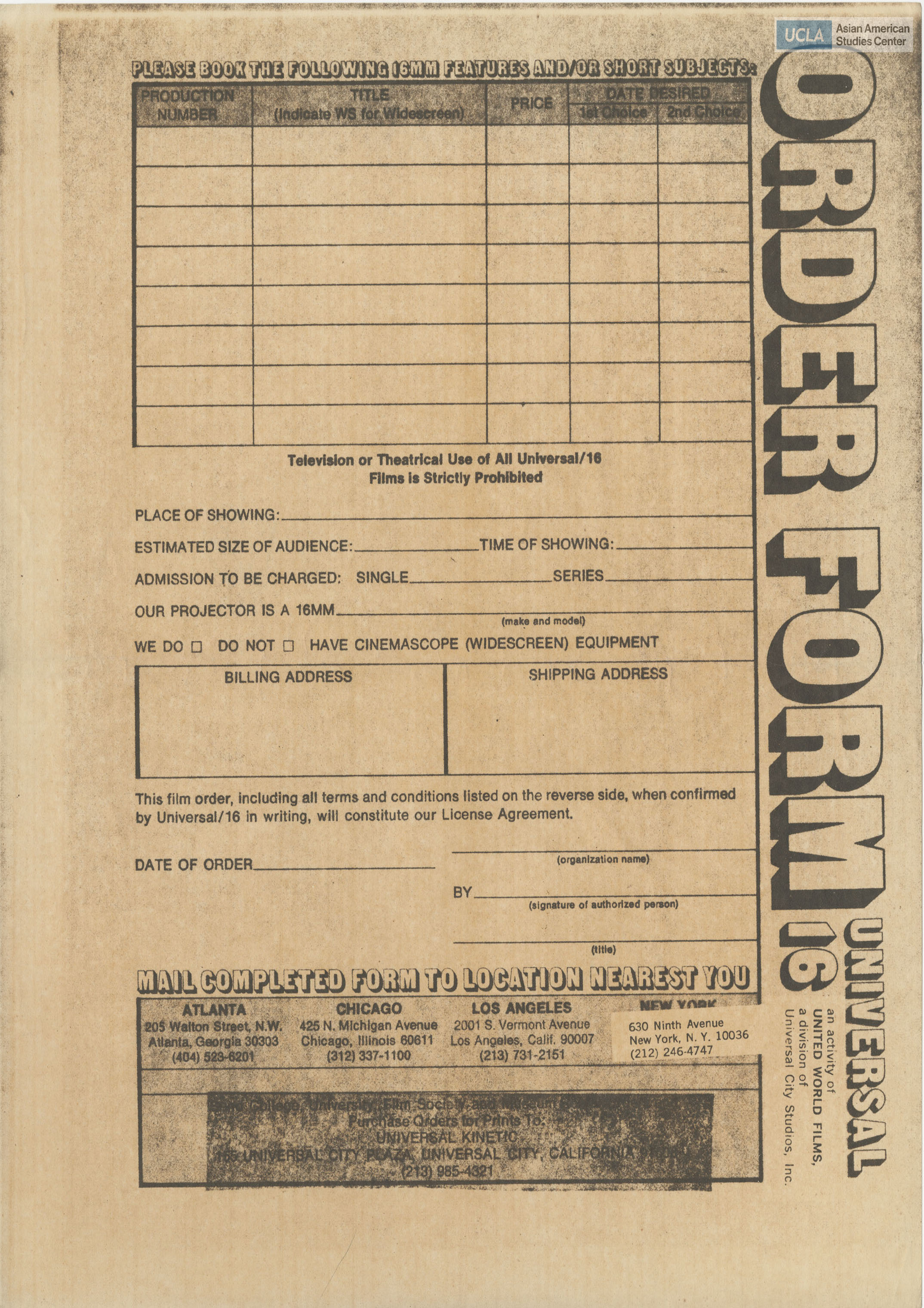 An order form and terms of conditions regarding booking a 16mm film.