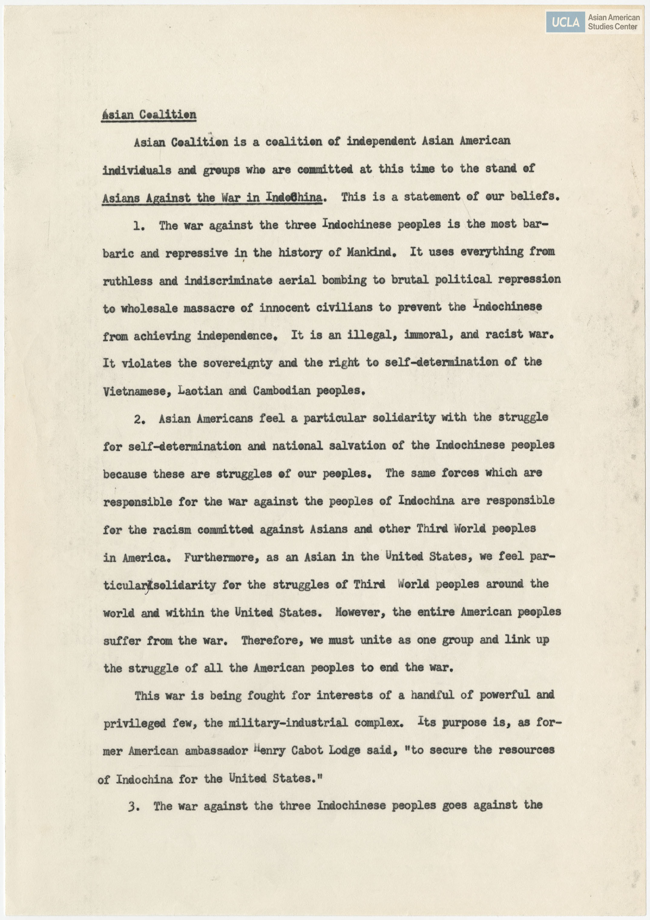 Statement from the Asian Coalition regarding their protest against the Vietnam War.