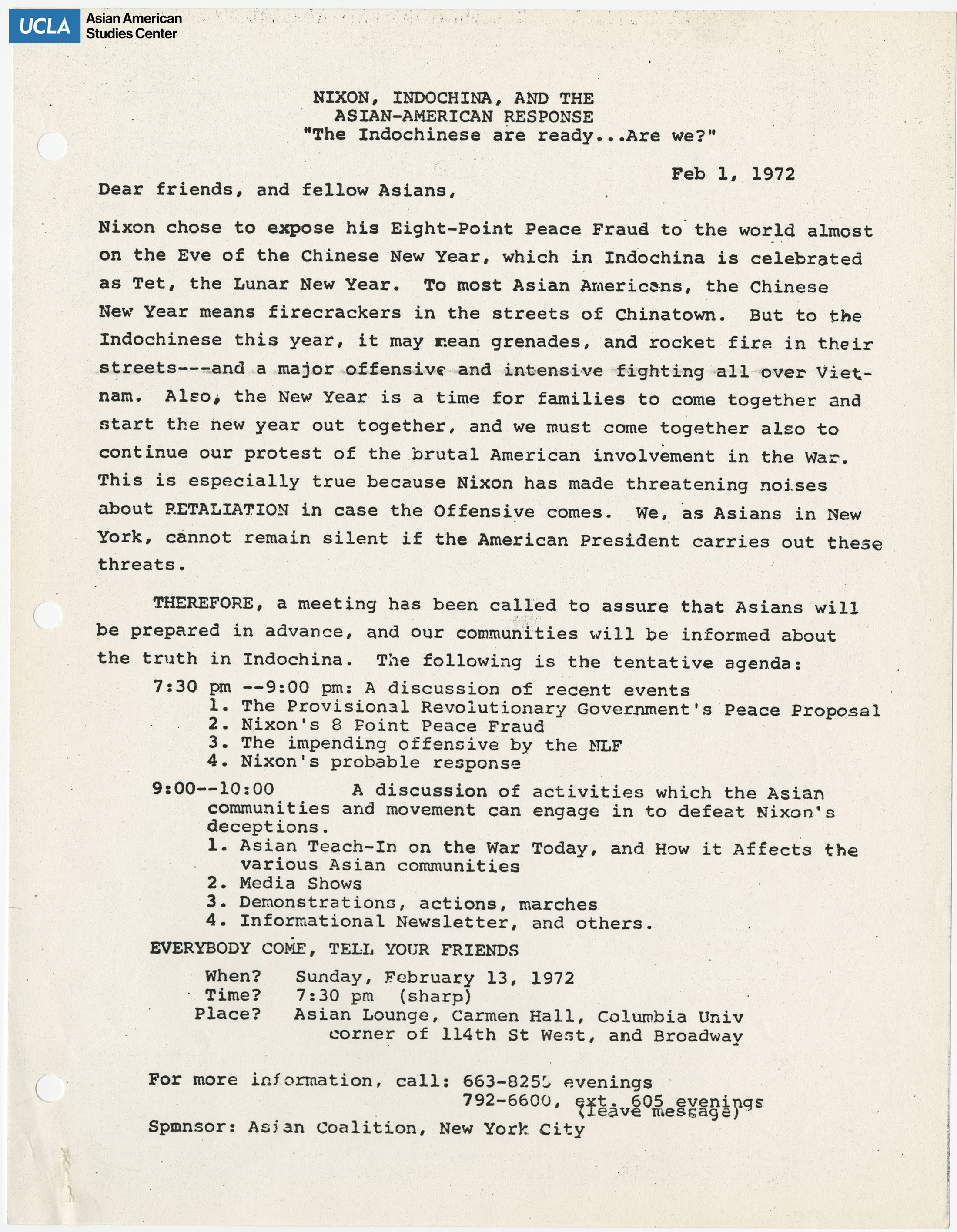 Letter regarding discussion panels on the Vietnam War.
