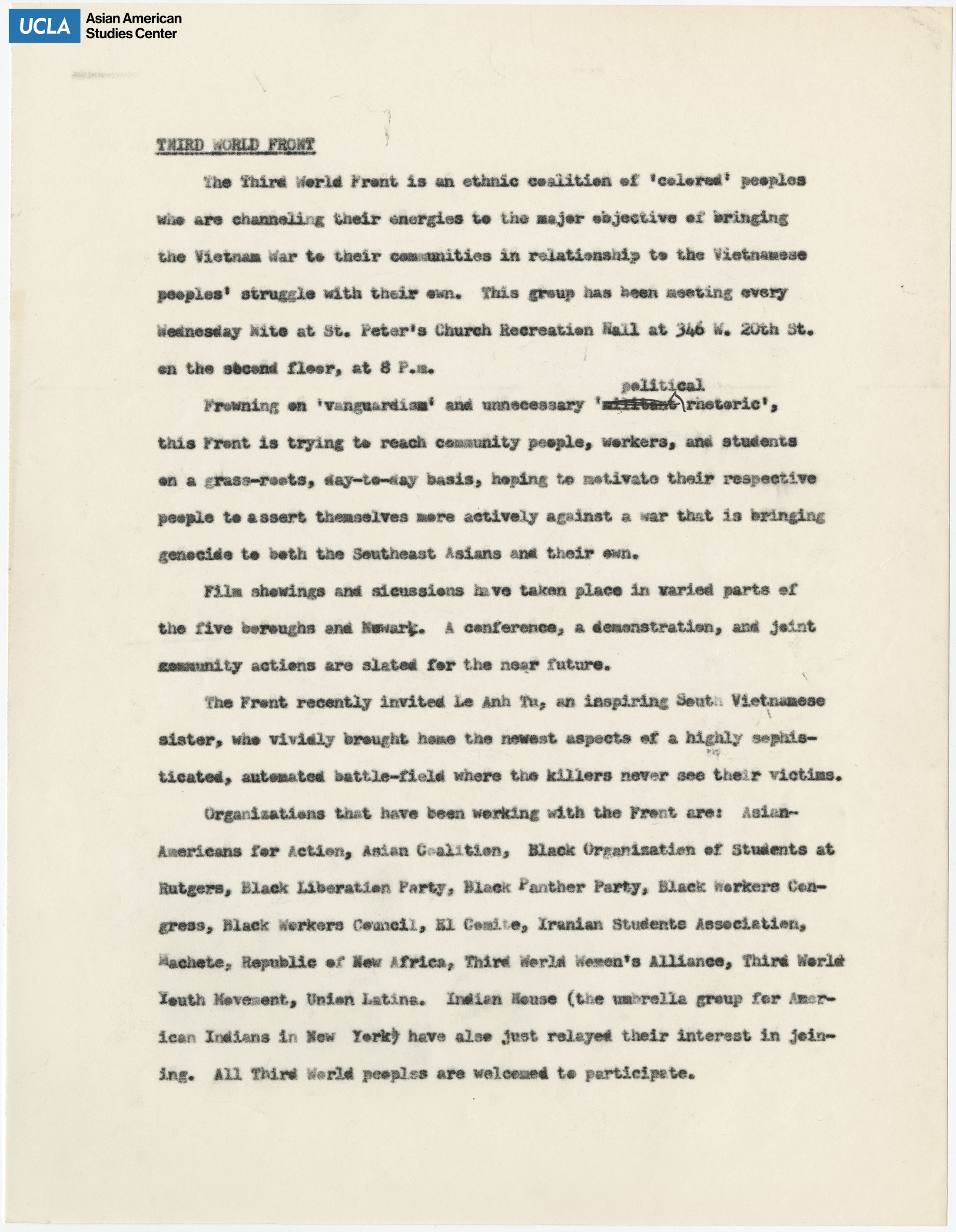 Coalition statement regarding outreach of Vietnamese people affected by the Vietnam War.