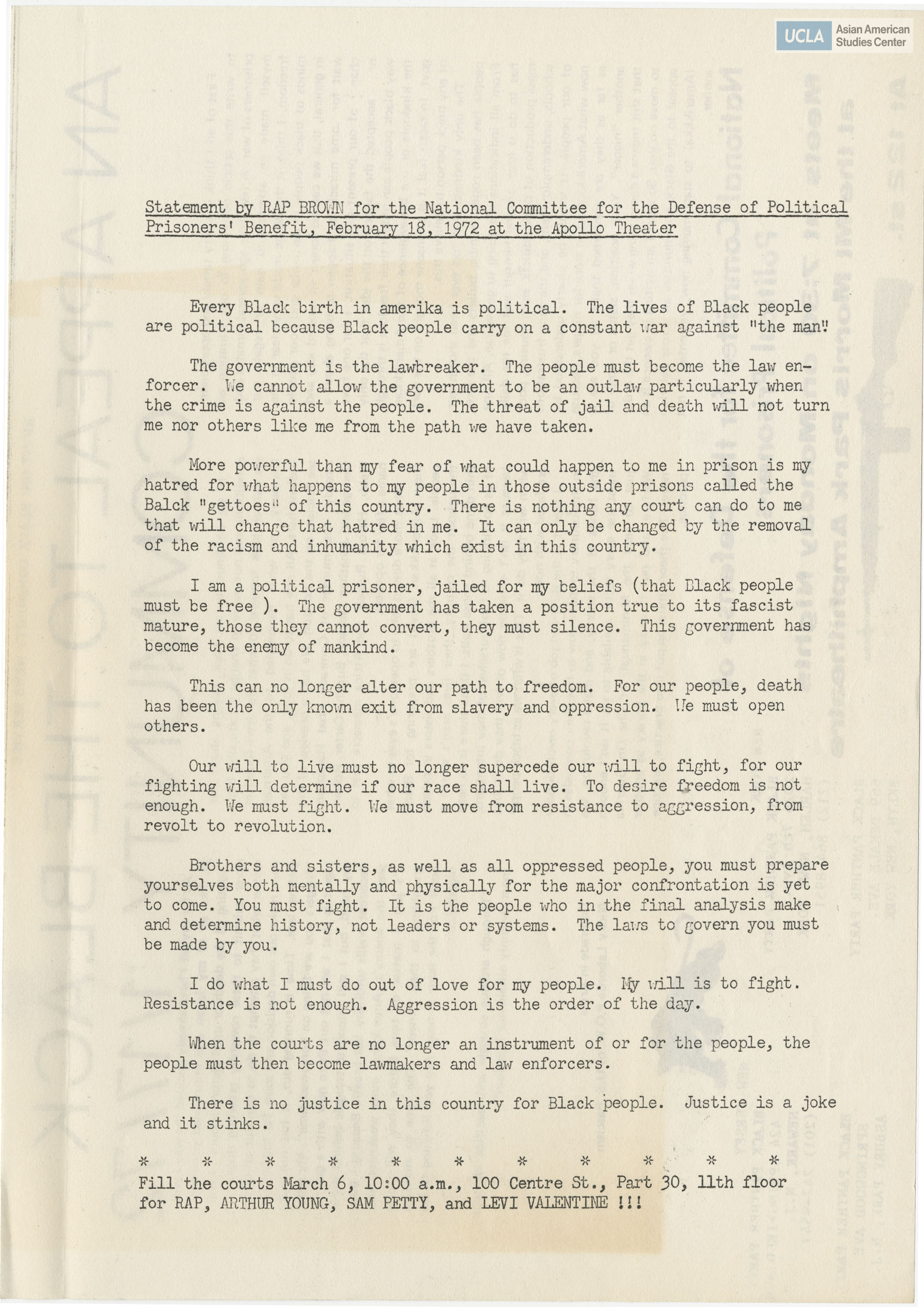 Leaflet regarding an appeal of a political prisoners: Rap, Arthur Young, Sam Petty, and Levi Valentine.