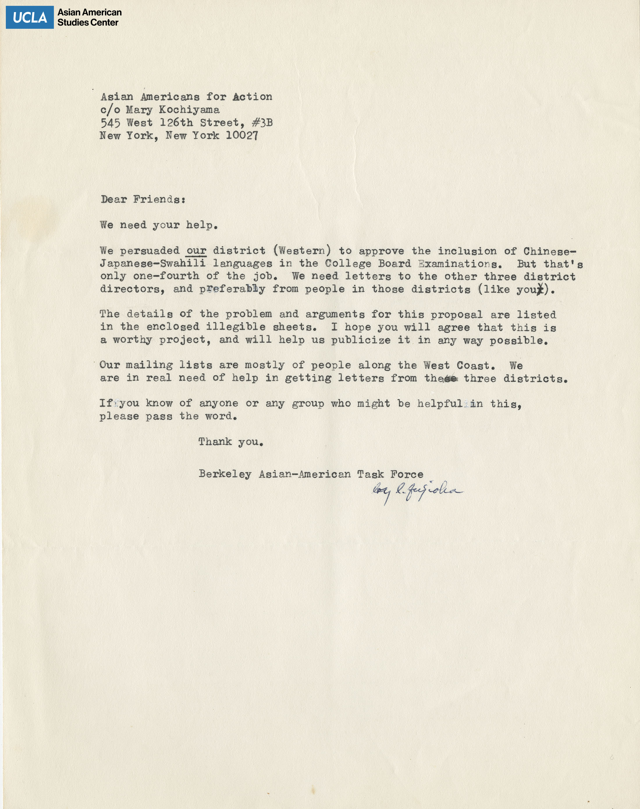 Letter addressed to supporters regarding inclusion of Chinese, Japanese, and Swahili to the College Board Examinations.