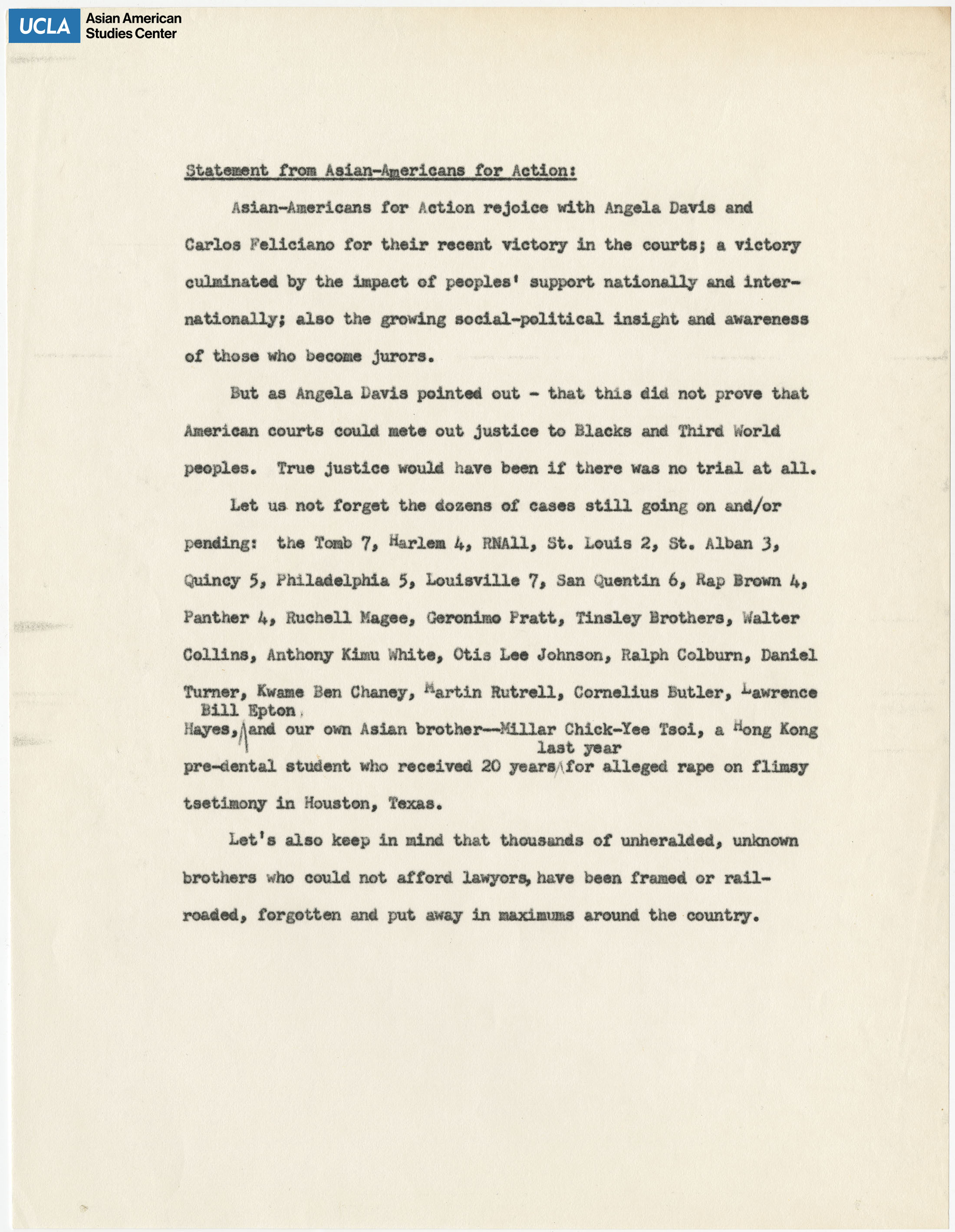 Statement regarding the court victories of Angela Davis and Carlos Feliciano.