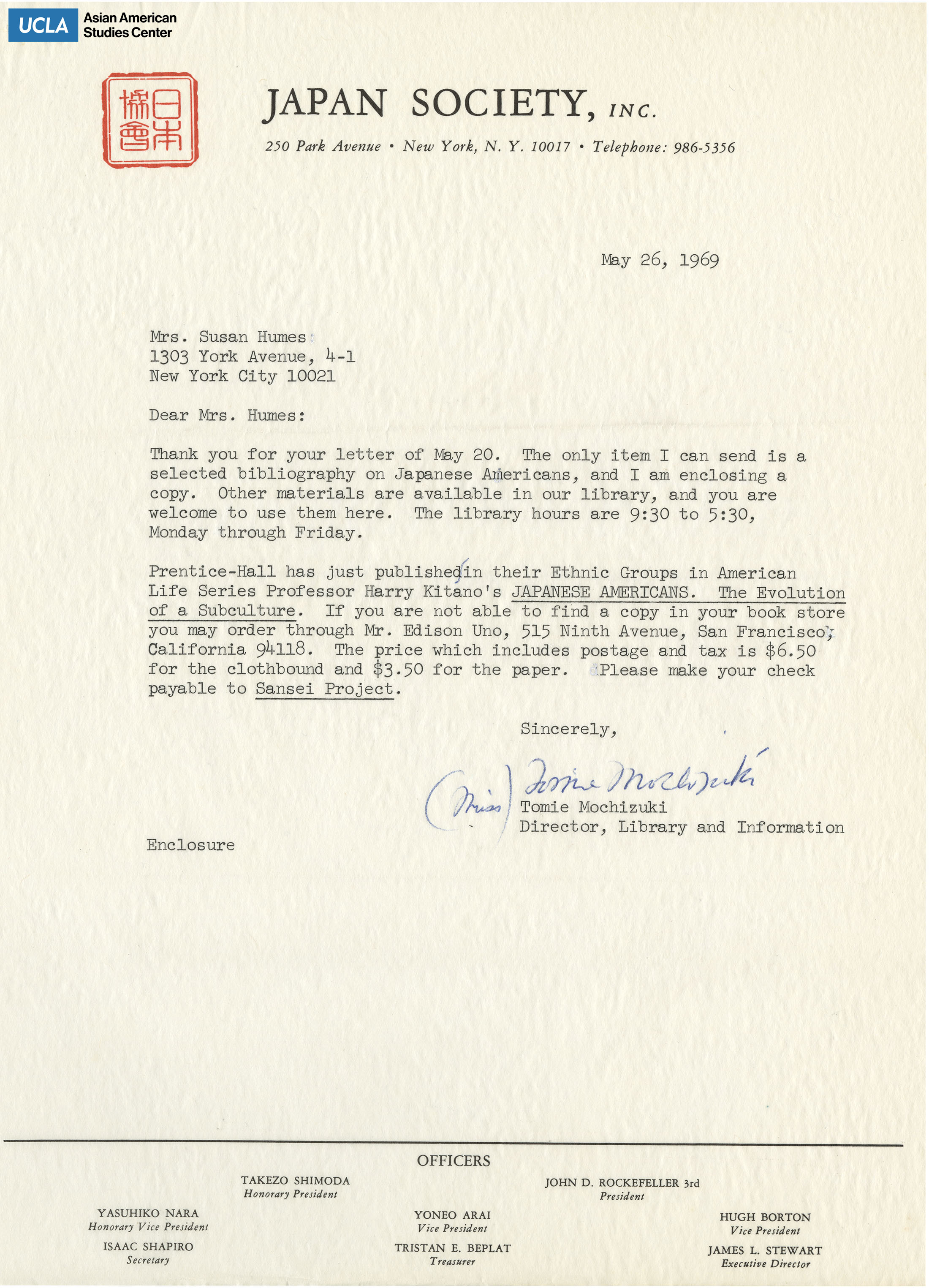 Letter regarding enclosing a bibliography and directing the use of their library.