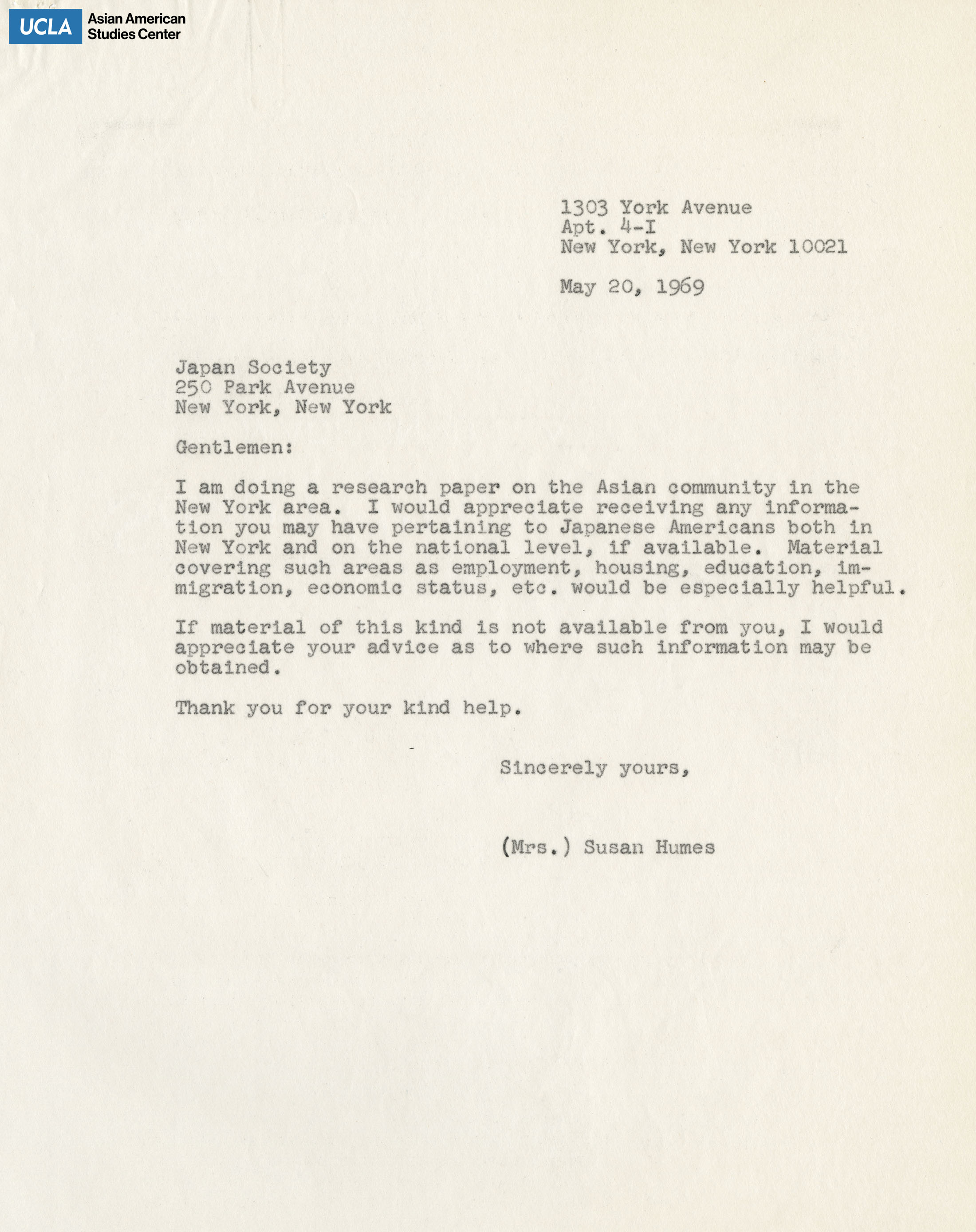 Letter regarding receiving information on Japanese Americans in New York and internationally for a research paper.
