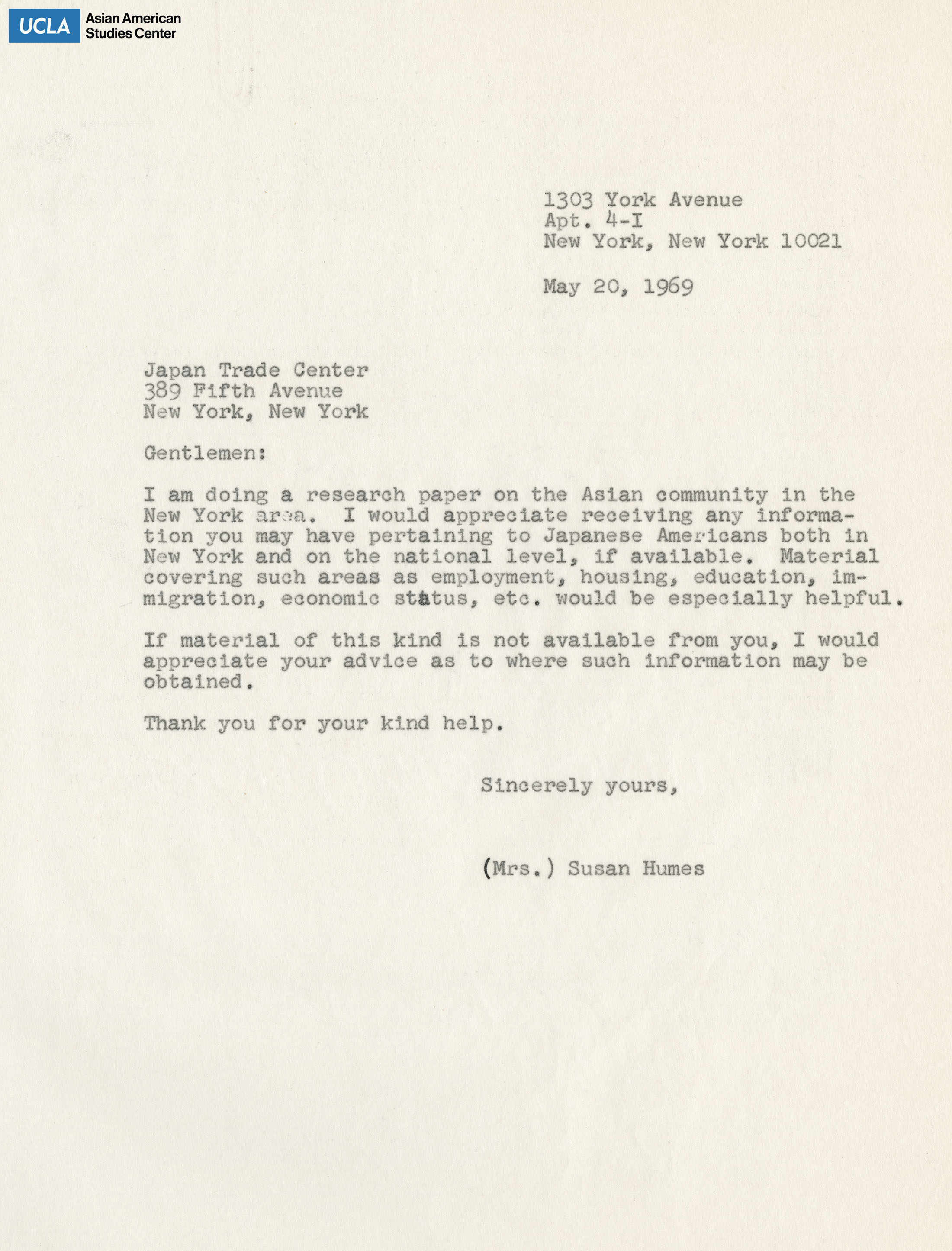 Letter regarding receiving information on Japanese Americans in New York and internationally for a research paper.