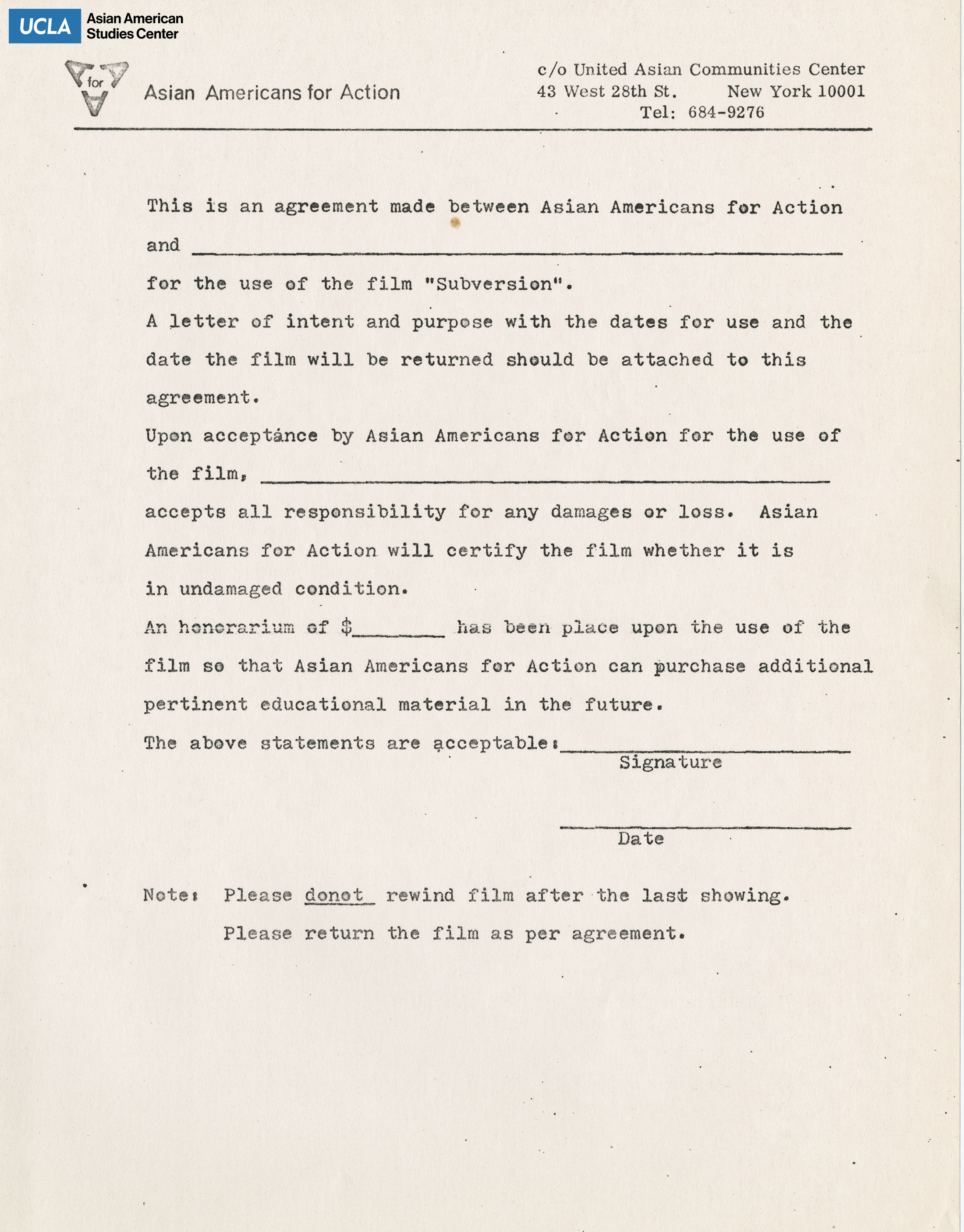 Agreement form regarding the use of the film 